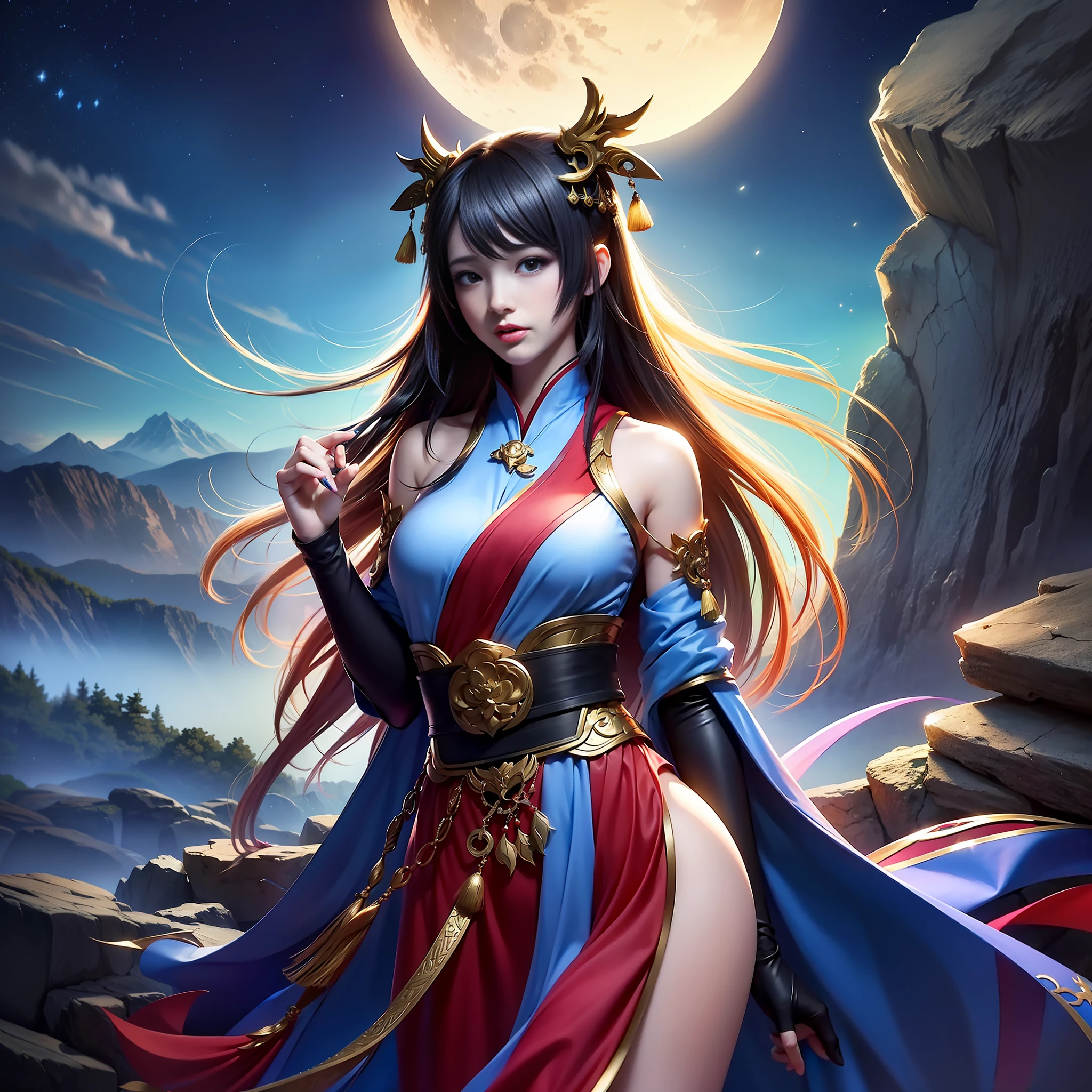 (8k, RAW photo:1.2), best quality, ultra high res,dramatic angle,(fluttered detailed color splashs), (illustration),(((1 girl))),(long hair),(rain:0.9), (头饰:1.4),少女身边有一座古宫,汉服,(重点),彩色水墨画,(泼彩),泼彩,(((colorful))),(素描:0.8) , Masterpiece, best quality, beautiful painted, highly detailed,(denoising:0.6),[splash ink],((ink refraction)), (beautiful detailed sky),moon,highly,detaild,(masterpiece, best quality, extremely detailed） CG unity 8k壁纸，杰作，最好的质量，超详细），（石蒜），