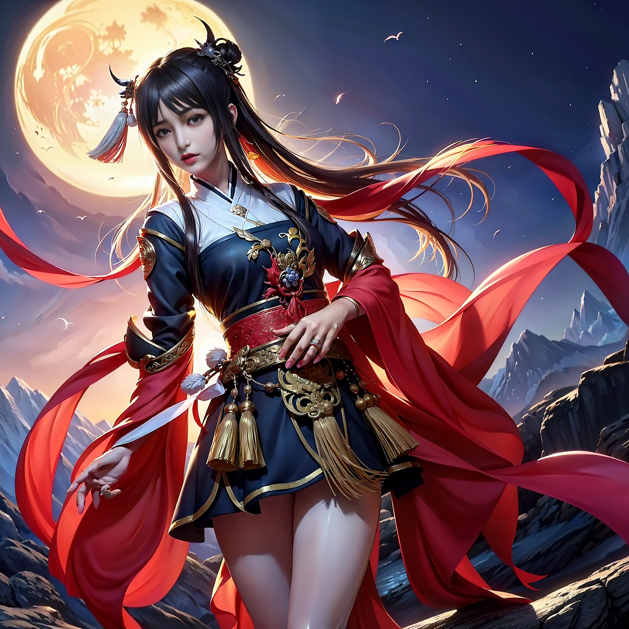 (8k, RAW photo:1.2), best quality, ultra high res,dramatic angle,(fluttered detailed color splashs), (illustration),(((1 girl))),(long hair),(rain:0.9), (头饰:1.4),少女身边有一座古宫,汉服,(重点),彩色水墨画,(泼彩),泼彩,(((colorful))),(素描:0.8) , Masterpiece, best quality, beautiful painted, highly detailed,(denoising:0.6),[splash ink],((ink refraction)), (beautiful detailed sky),moon,highly,detaild,(masterpiece, best quality, extremely detailed） CG unity 8k壁纸，杰作，最好的质量，超详细），（石蒜），