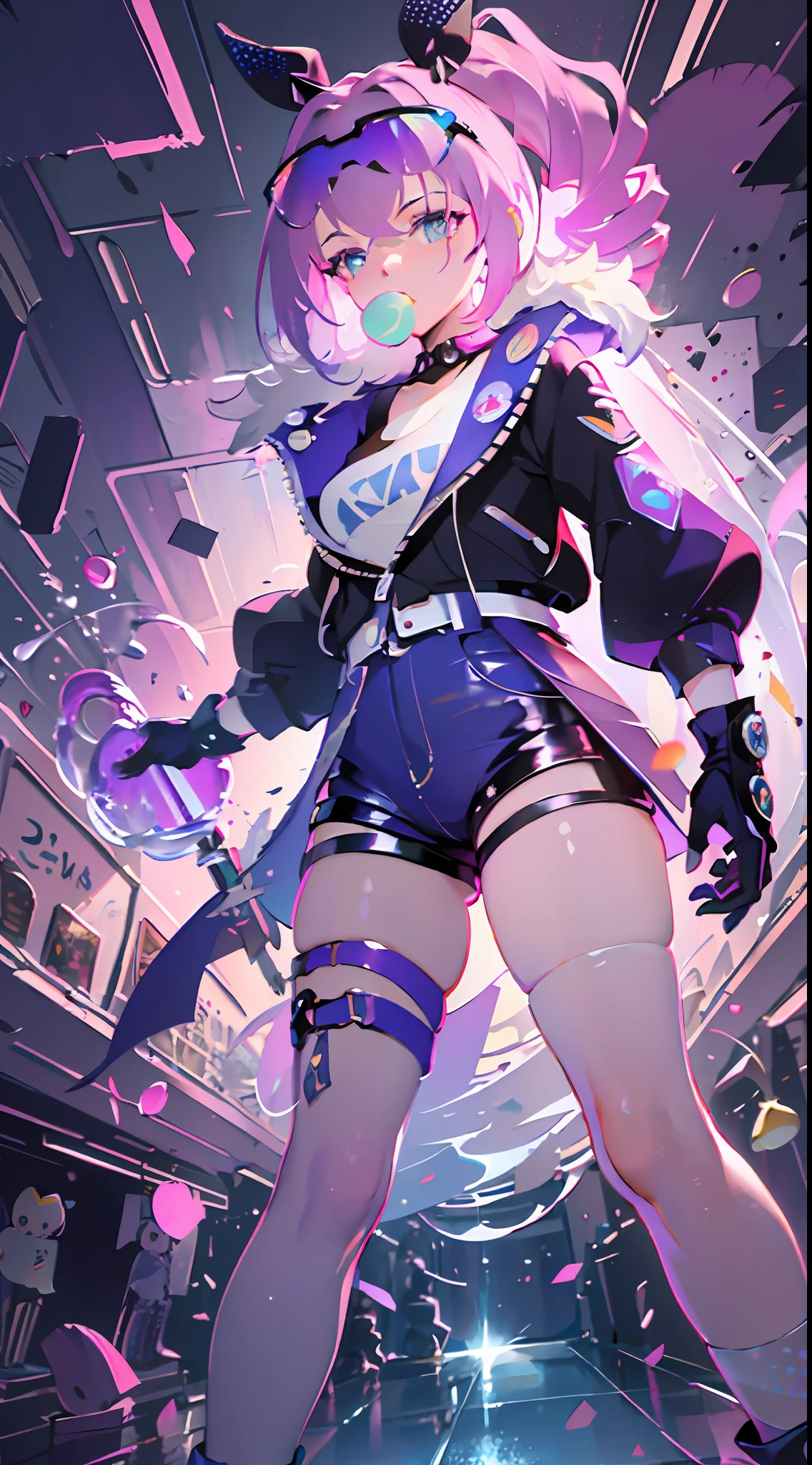 full body, 1girl, loli, solo, Eye focus,Masterfully crafted Glow, pink lens flare, Cinematic background,colourful, hyper details, hdr, ultra detailed eyes, mature, plump, rainbow painting drops,(supermodel:1.3), made up from paint, entirely paint, splat, splash, indoors, (bioluminescent hair:1.1),(glowing eyes),  ((makeup)), fierce, powerful, splashes of colour absolutely eye-catching, dynamic angle, beautiful detailed glow, ambient occlusion, ambient light, raytraced reflections, retro style, living arcade characters, arcade style world, gloves, jacket,weapon, shorts, black gloves, black jacket, gun, drill hair, black shorts, eyewear on head, bubble blowing, chewing gum, (Cute face:1.3),