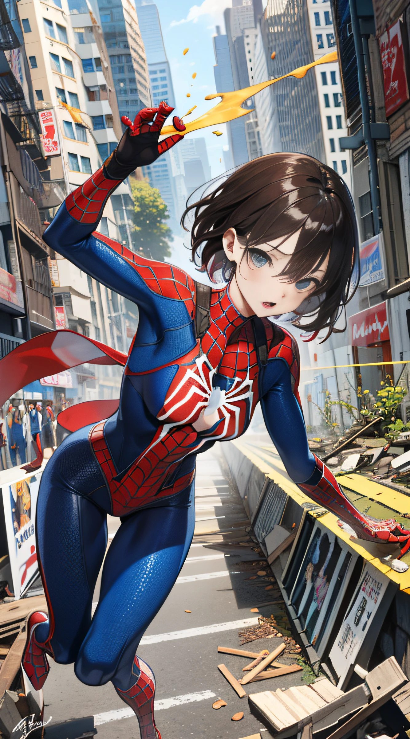 （（（optimal quality））），（（（superdetailed））），（（（masterpaintings））），（（（manga book））），Cool female superhero，Female Spider-Man，The action is exaggerated and handsome，Spider-Man's signature move，Dynamic，Voice bubbles，Fighting，bang between eyes，The background is the ruins of the city after the Great War，Epic cinematic footage。