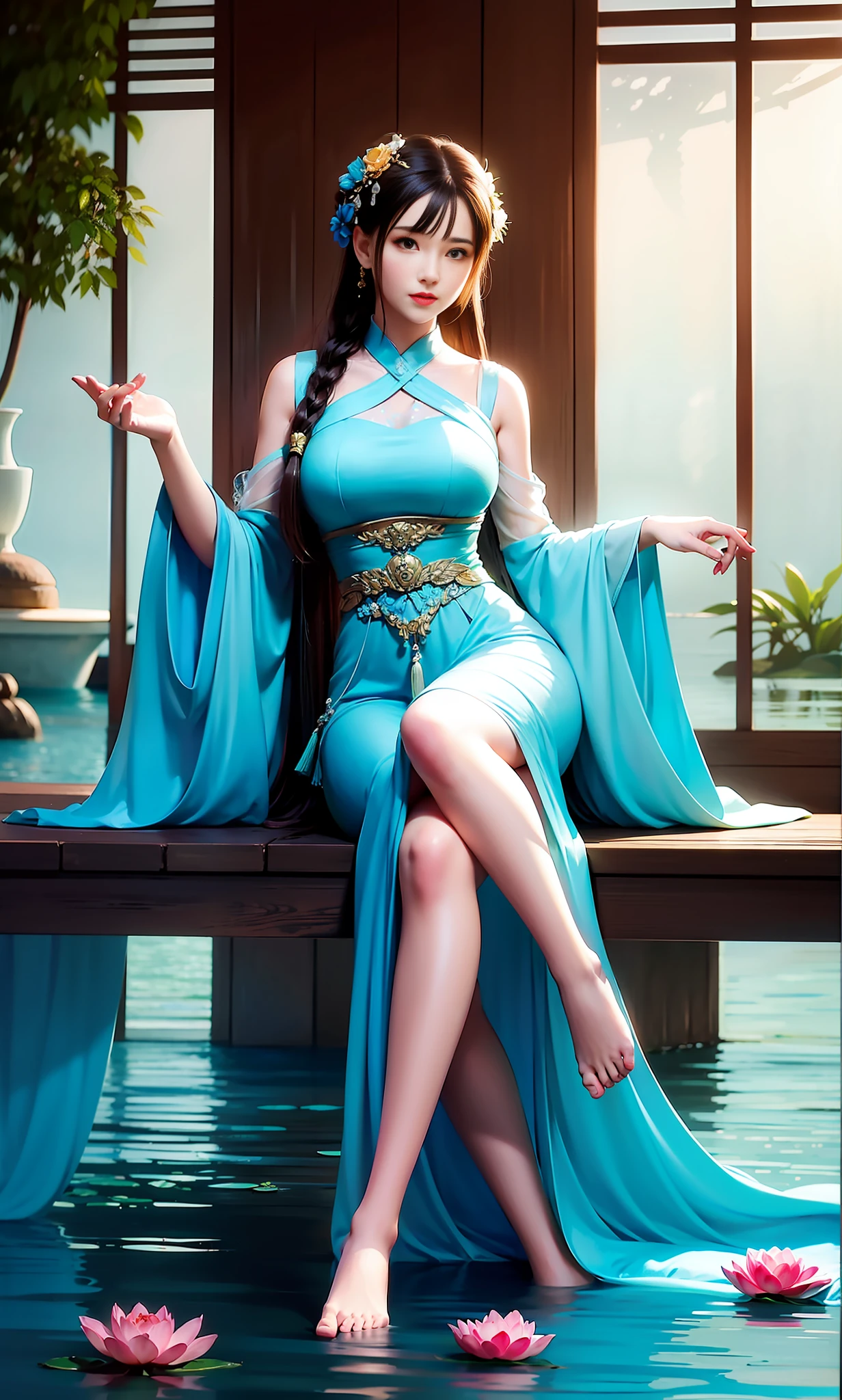 Sitting by a lake full of lotus flowers, feet playing in the water, the art depicts a charming woman with a melon face, dressed in a flowing, silky traditional oriental dress, long, aqua blue, decorated with intricate patterns and bright colors. Her dress drapes elegantly over her curvy figure, accentuating her seductive silhouette. She sits gracefully by the tranquil lotus lake, her feet playing in the water, bathed in the soft glow of the moonlight. The scene exudes an ethereal and dreamy atmosphere, with a touch of mystery and sexiness. The graphic style blends watercolor and digital illustration techniques to evoke a refined beauty and charm. The lights are filled with soft moonlight, casting soft highlights and shadows on her charming features. Bare thighs, big breasts, three-dimensional facial features, sitting, upturned legs, side braids