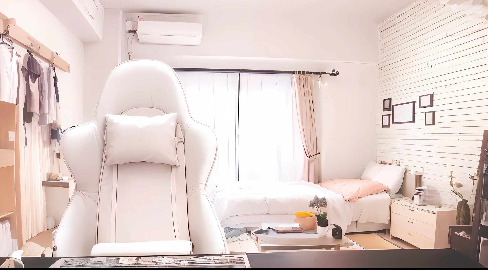 There was a white chair in the room,There is a table and a bed inside, small room in tokyo, Whole room, cream - colored room, personal room background, clean room, Small room, White Room, A bright room, Bed room, sitting in bedroom, in a japanese apartment, Bright room, cozy environment, a room, my home, Relaxing environment, furnished room --auto
