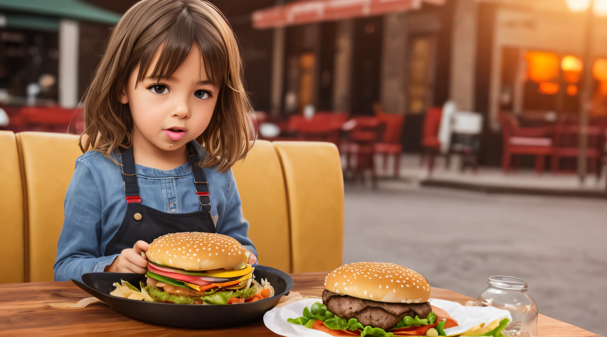 Blonde Girl Child Eating A Burger Falling into Juicy Pieces, saboroso, quente, foto promocional, detalhes intrincados, HDR, cinematographic, Adobe Lightroom, altamente detalhado