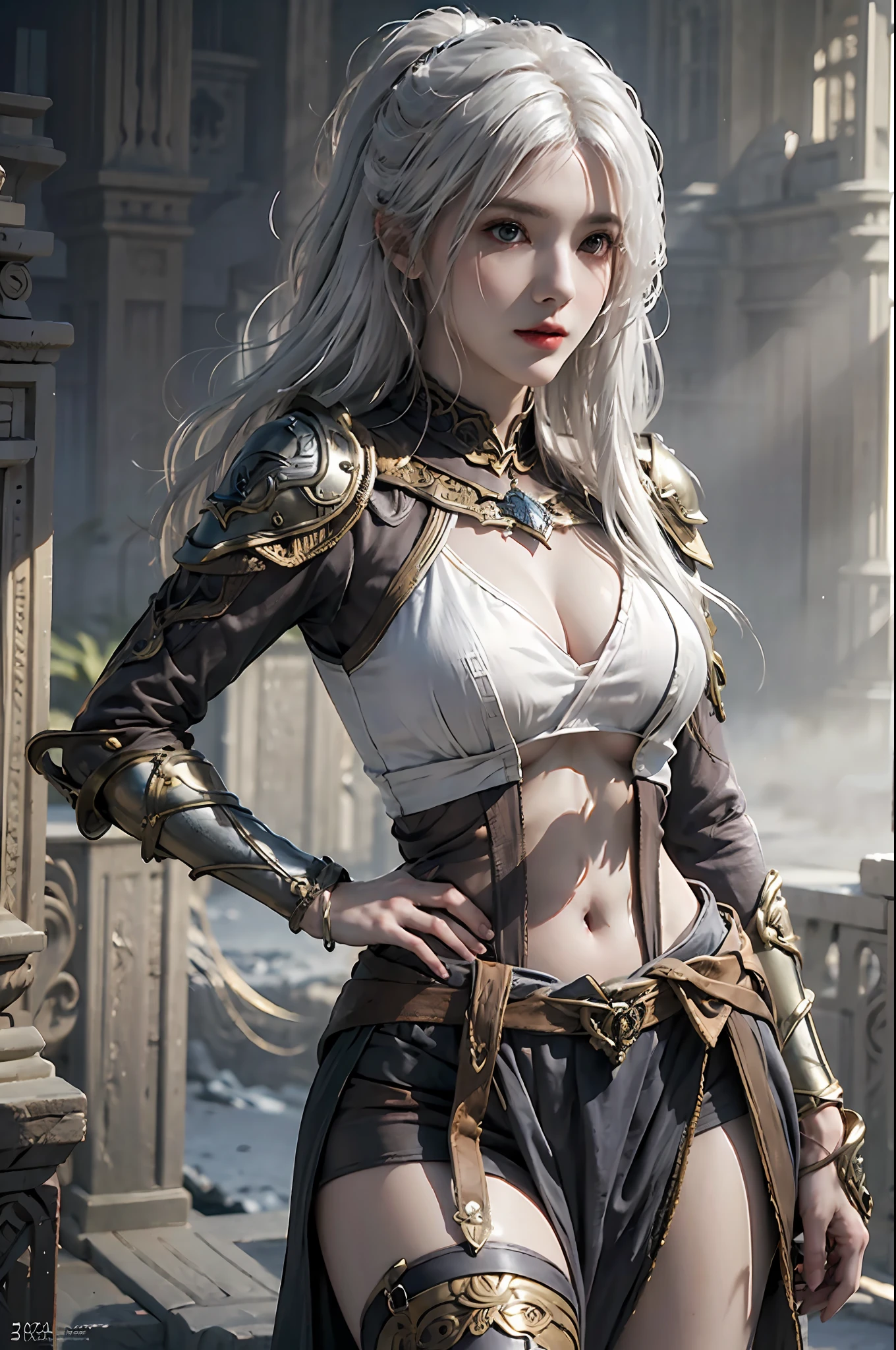 photorealistic, high resolution, 1 girl, white hair, hips up, armor, elden ring style