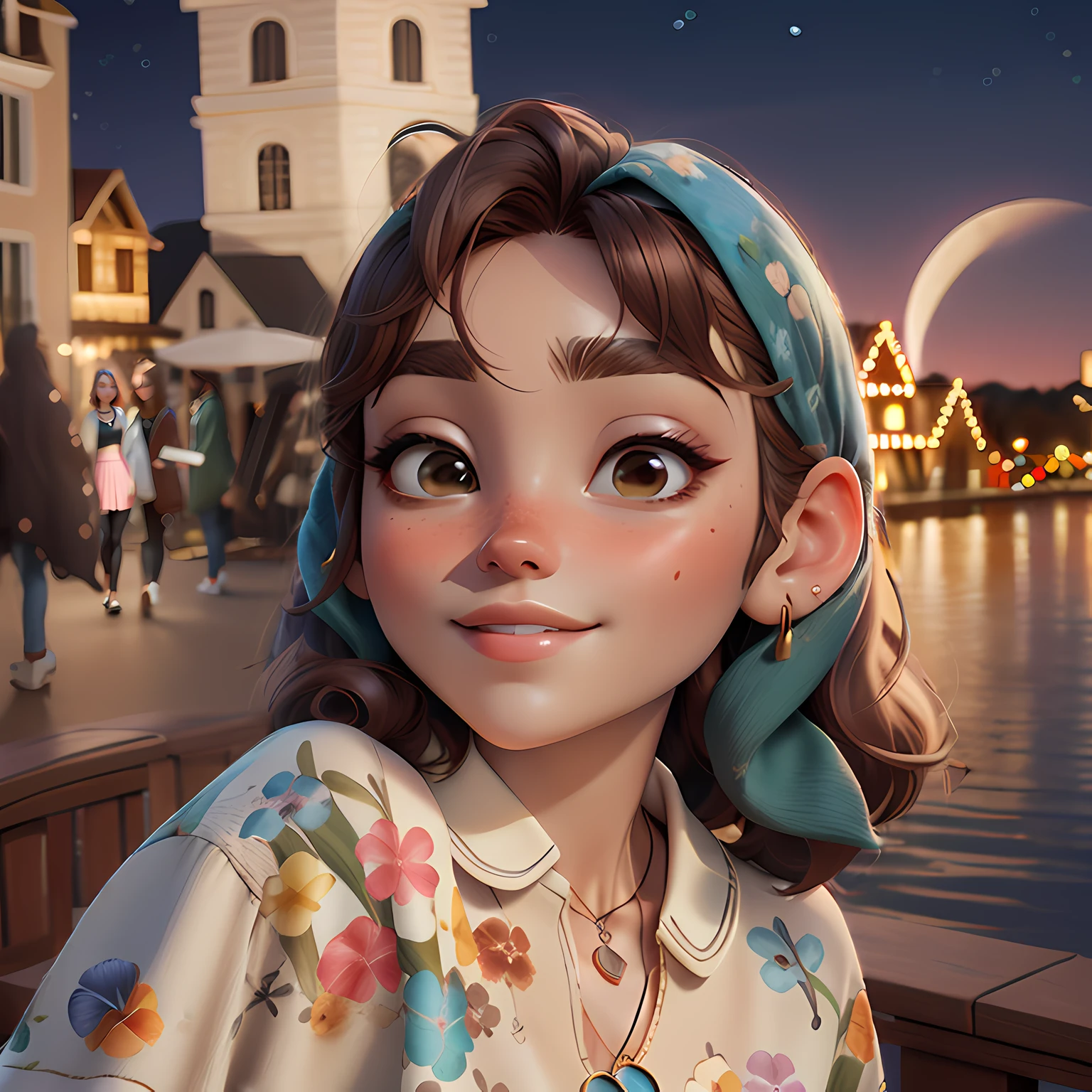 ((optimal quality,8K,masterpaintings:1.1)),Positive angle selfie,Gentle,demi-corps,with short brown hair,flurry hair,flowy,Delicate,Floral skirt,Flowing brown hair,巨作, Best quality,3D cutting work ,MM style in 3D,Close-up,Portrait, 3D,string necklace, Looks to the side, Realistic, Upper body, necklac, Makeup, long brown curly hair, Green eyes, Cleavage, Aerith Gainsborough, Iris