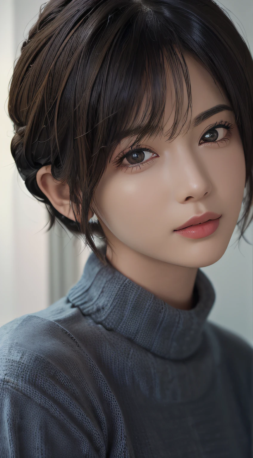 (masterpiece:1.3), (8k, photorealistic, RAW photo, best quality: 1.4), (1girl), beautiful face, (realistic face), (black hair, short hair:1.3), beautiful hairstyle, realistic eyes, beautiful detailed eyes, (realistic skin), beautiful skin, (sweater), absurdres, attractive, ultra high res, ultra realistic, highly detailed, golden ratio