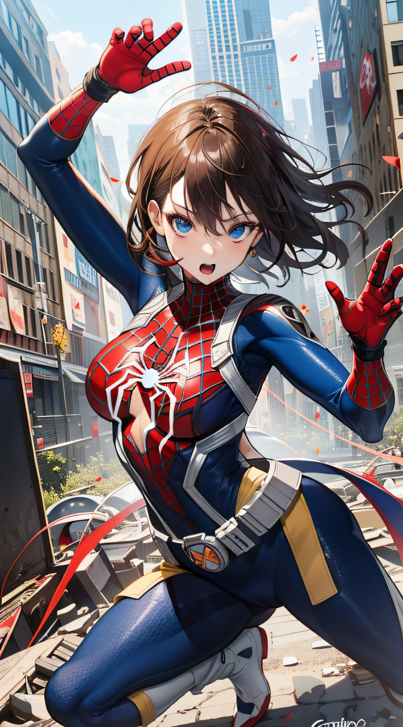 (((optimal quality))),(((superdetailed))),(((masterpaintings))),(((manga book))),Cool female superhero,Female Spider-Man,The action is exaggerated and handsome,Spider-Man's signature move,Dynamic,Voice bubbles,Fighting,bang between eyes,The background is the ruins of the city after the Great War,Epic cinematic footage。