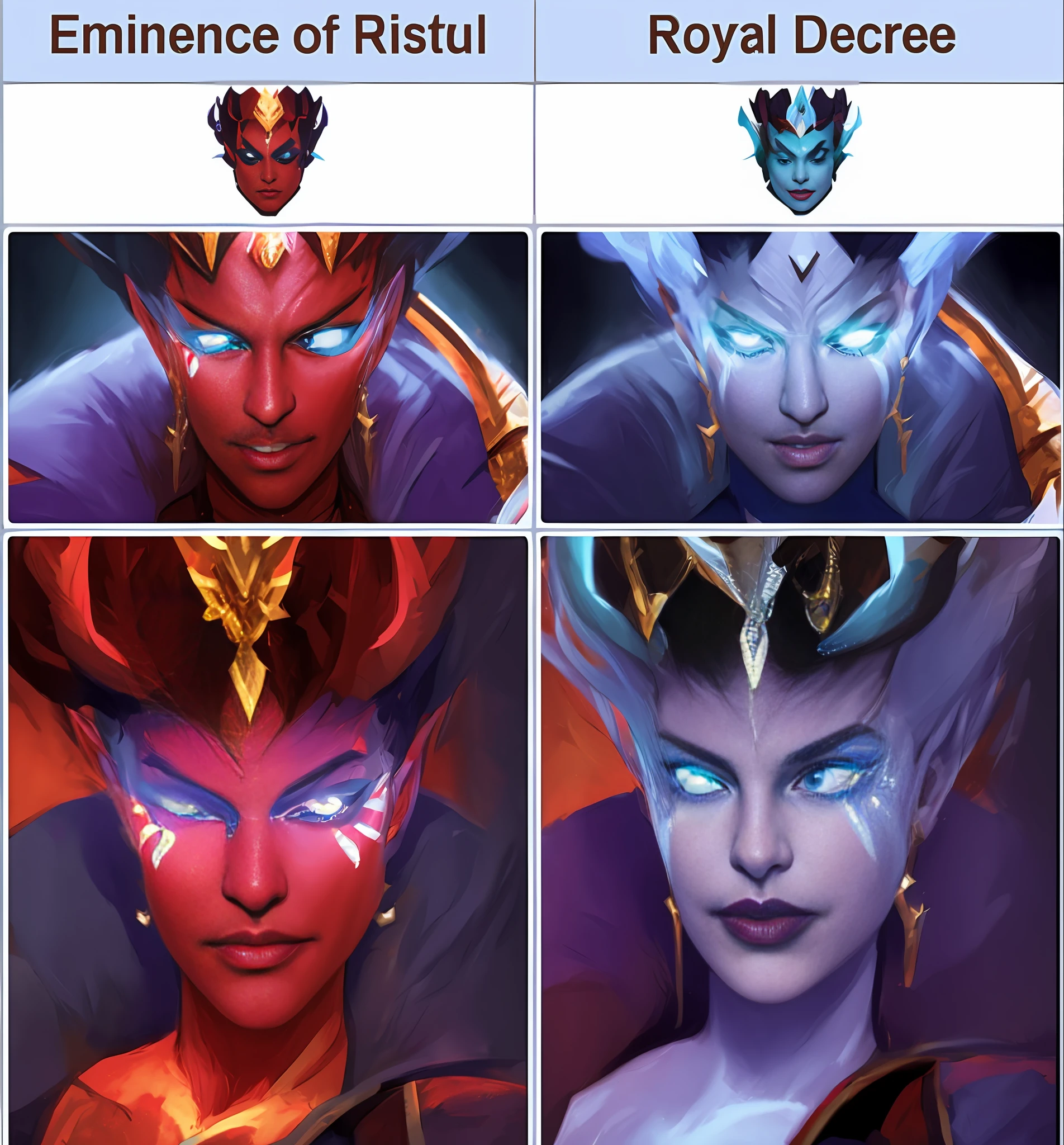 a close up of four different pictures of a woman with different makeup, Rostro regio y amenazante, Estilo de Duelyst, Estilo de League of Legends, Personaje de Dota, Artefacto dota2, rossdraws global illumination, facial-symmetry, colores vivos de las brasas, Estilo de color de Hearthstone, symmetric concept art, azul o rojo, symmetrical face concept art, Retrato de maestros del Renacimiento