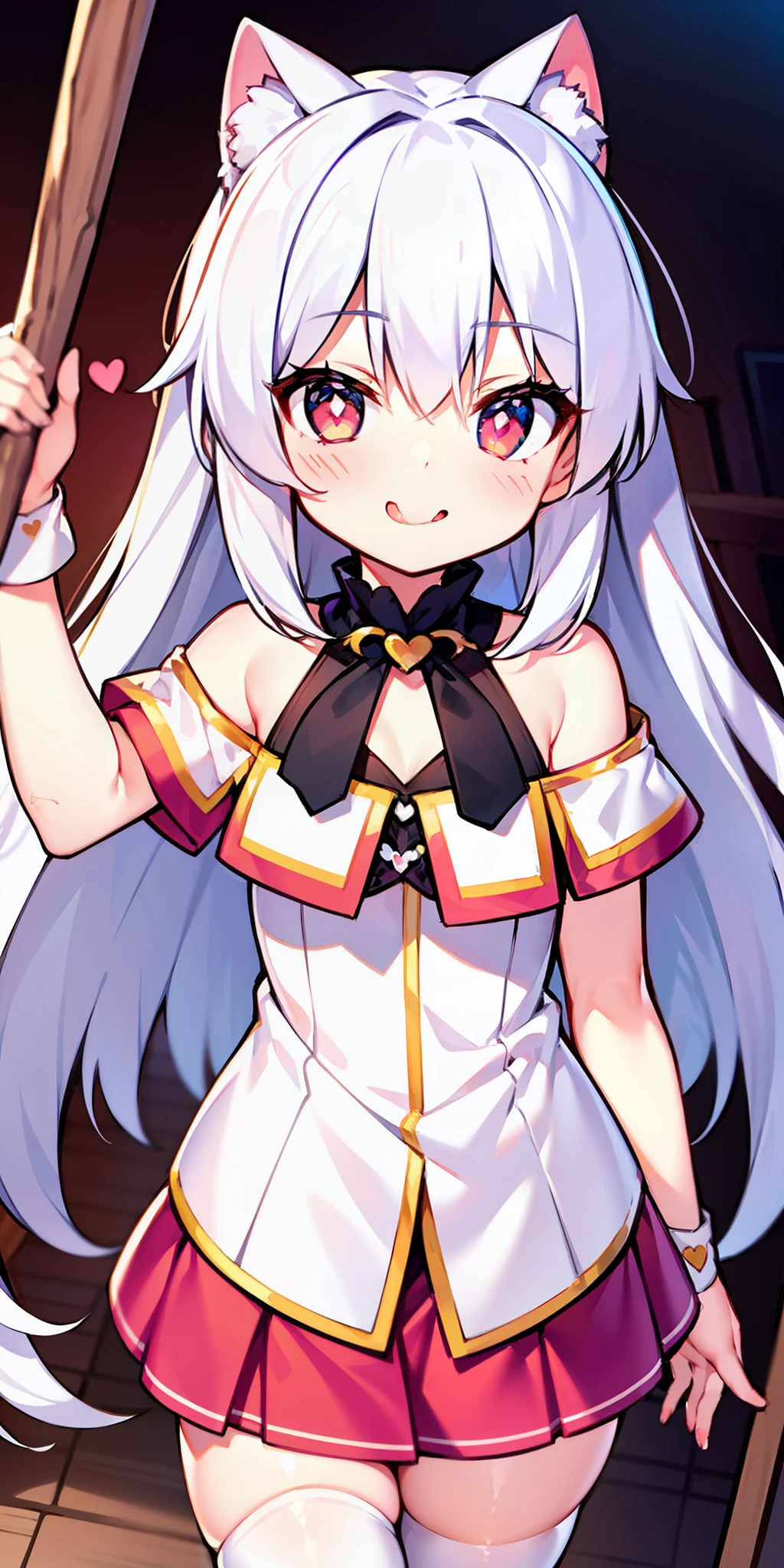littlegirl，white  hair，（Very long hair），（heart - shaped pupils），（white stockings），inside room，face red，Naughty，eardrop，lovly，Exposed shoulder，shortsleeves，Moe Moe，Slightly short，A slender，Delicate，Stick out your tongue，（mischievous），（Monkey），（Bad laughs），（up-close），（a short skirt）