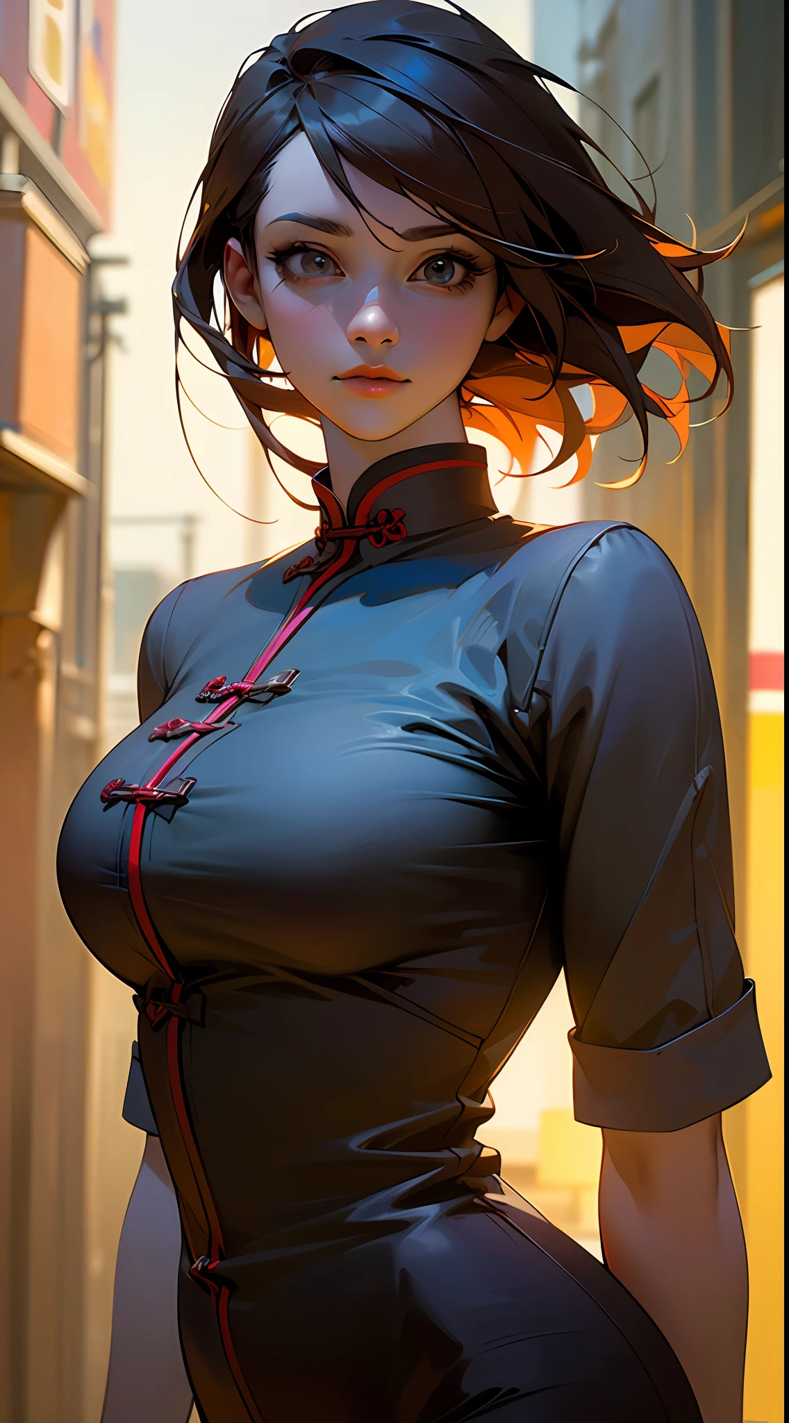 ((Realistic lighting, optimal quality, 8K, masterpaintings:1.3)),（ sharp fokus:1.2）, Girl Huge breasts, （Beautiful Women with Perfect Figure:1.4）,Close-up strengthened，Slim：1.1, ((long and dark brown hair)), (red-white qipao:1.4）,（exteriors，during night：1.1），urban street，High-rise buildings and deep alleys，Ultra-fine face，Fine eyes，双眼皮，Close up of