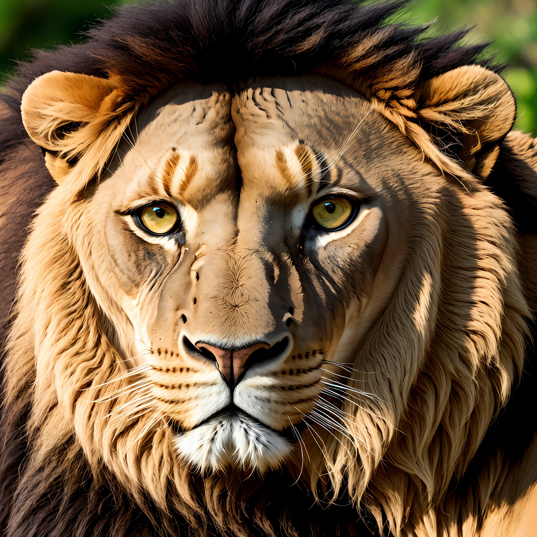 A mighty lion,Slightly scarred,Compassionate eyes,Pitying eyes,Fantastic background --auto