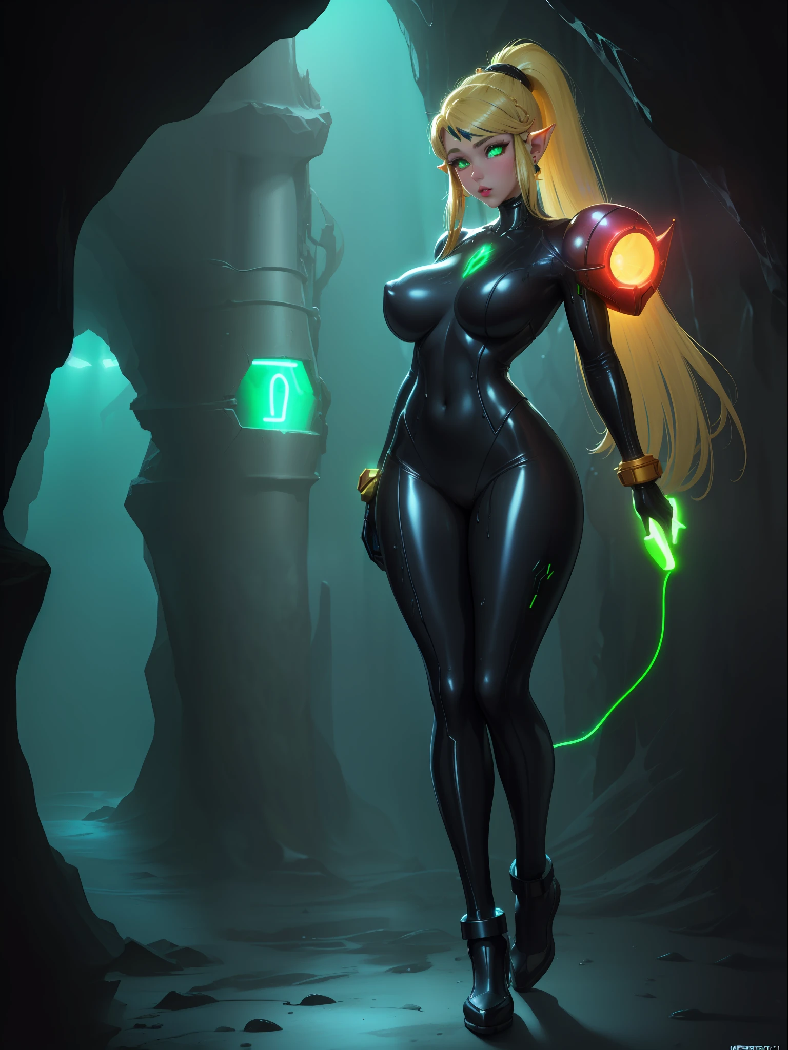((full body):1.5), {(Princess Zelda)}, is wearing {she is wearing a ((black futuristic outfit with gold parts))}, {she has (((very short blue mohawk hair, green eyes))), she has ((extremely giant breasts))}, she is looking at the viewer, {((feather squeezing))}, ((she is doing erotic poses))}, {Background: (((in a cave full of slimy aliens, and neon lamp lighting)))}. ((Super Metroid):1.2) 16k, high quality, high detail, UHD,