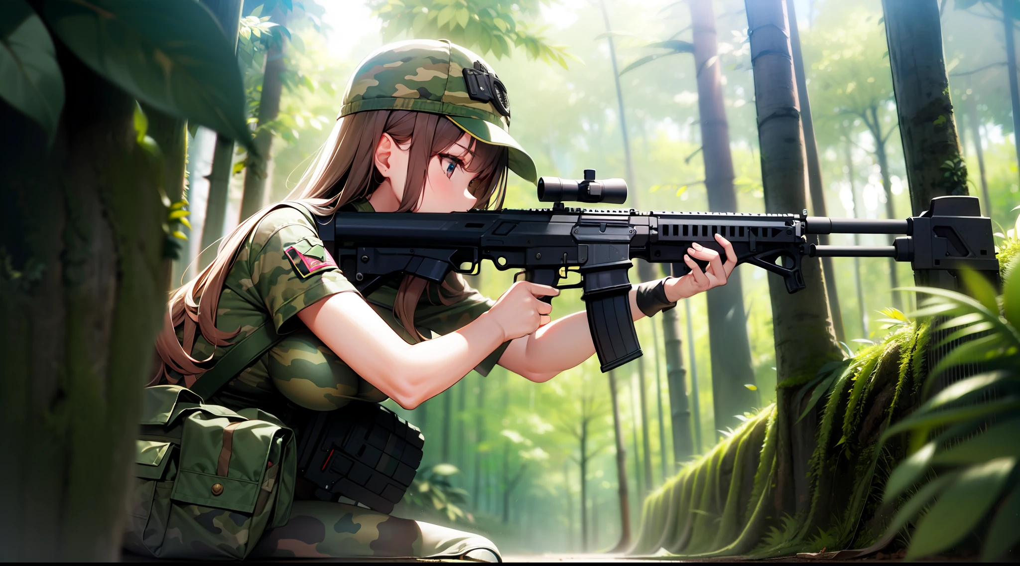 battle girl, assault rifle, jungle, camouflage