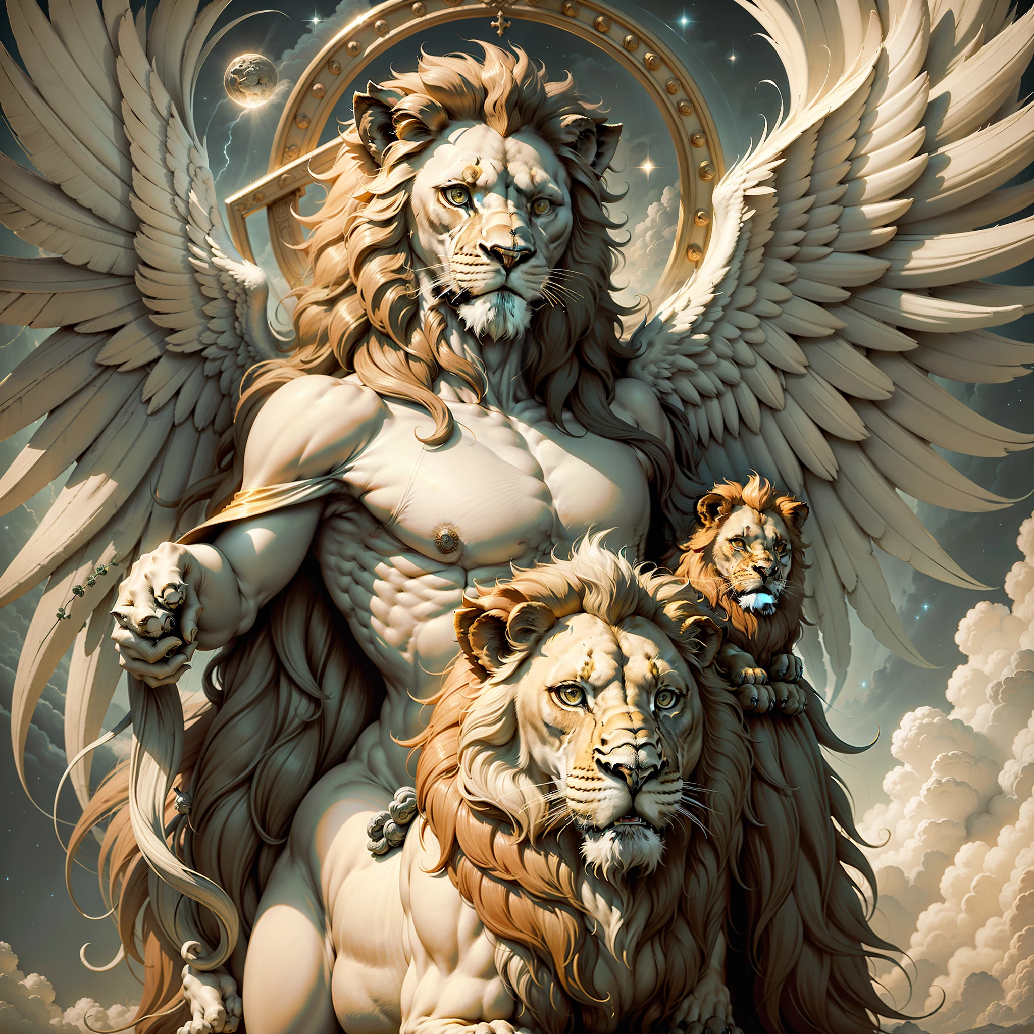 Arte sacra, Universo Sagrado, A sky with archangels and cherubim flying,,((Leo body)),, ((lion hair)),,Winged lion,, flutuando, nuvens fofas douradas, tom dourado, Meio Tons, Arte sacra, Michelangelo, anjo sagrado,,((lions))