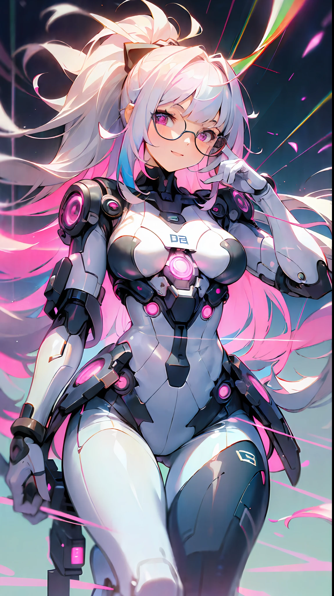 a (robot:1.6) with sleek and menacing design, glowing eyes, long hair, asymmetric body, highly detailed, 1girl, love, cute，rabbit ears，pink mecha