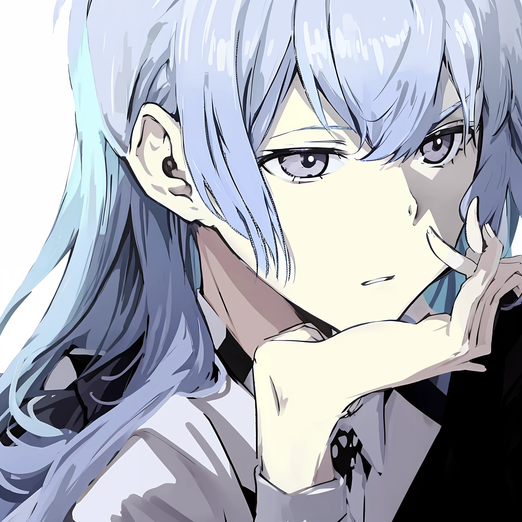 anime girl with blue hair and black eyes looking at something, gapmoe yandere, nagito komaeda, screenshot from guro anime, screenshot from a 2012s anime, a silver haired mad, inspired by Okumura Togyu, still from tv anime, jormungand anime, tsuaii, gapmoe yandere grimdark