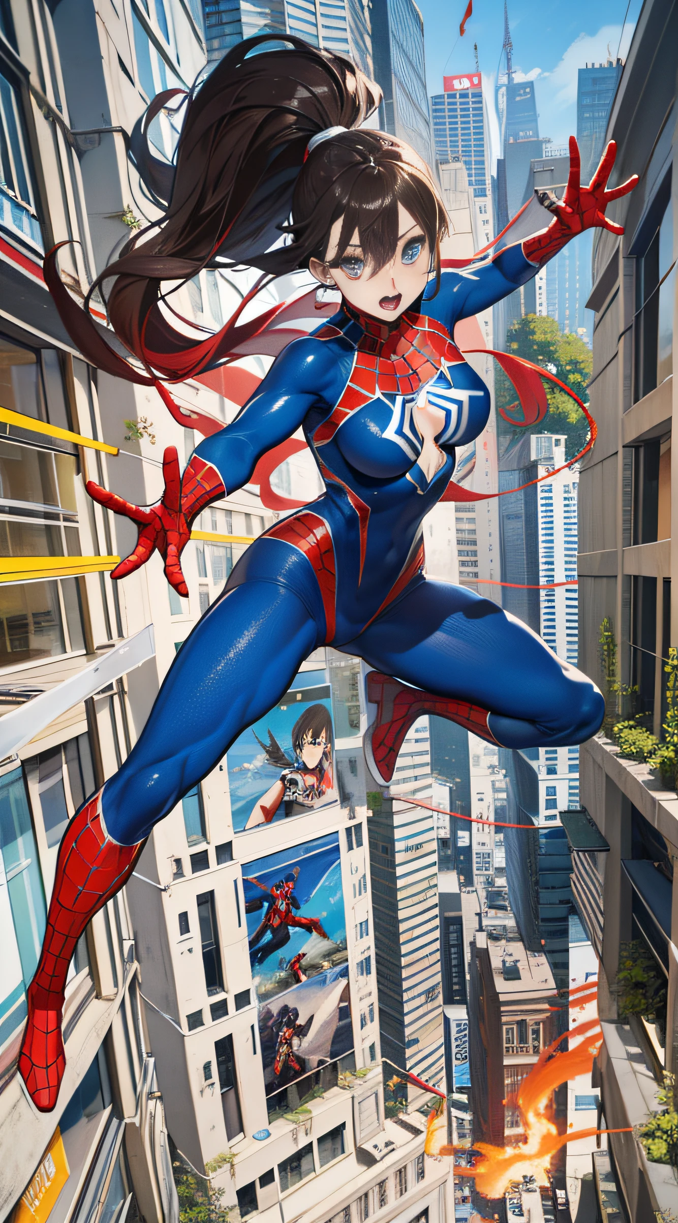 (((optimal quality))),(((superdetailed))),(((masterpaintings))),(((manga book))),Cool female superhero,Female Spider-Man,The action is exaggerated and handsome,Spider-Man's signature move,Dynamic,Voice bubbles,Fighting,bang between eyes,The background is the ruins of the city after the Great War,Epic cinematic footage。