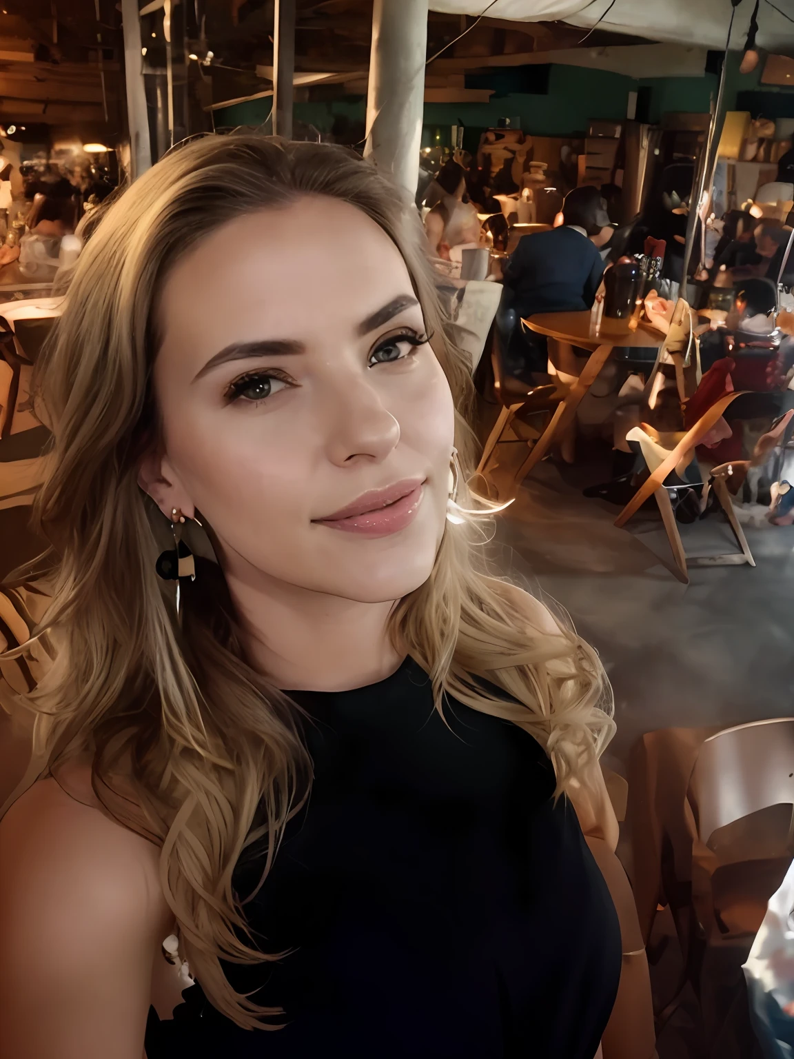 Blonde woman with white blouse and small earrings standing, imagem de frente, mulher de 30 anos