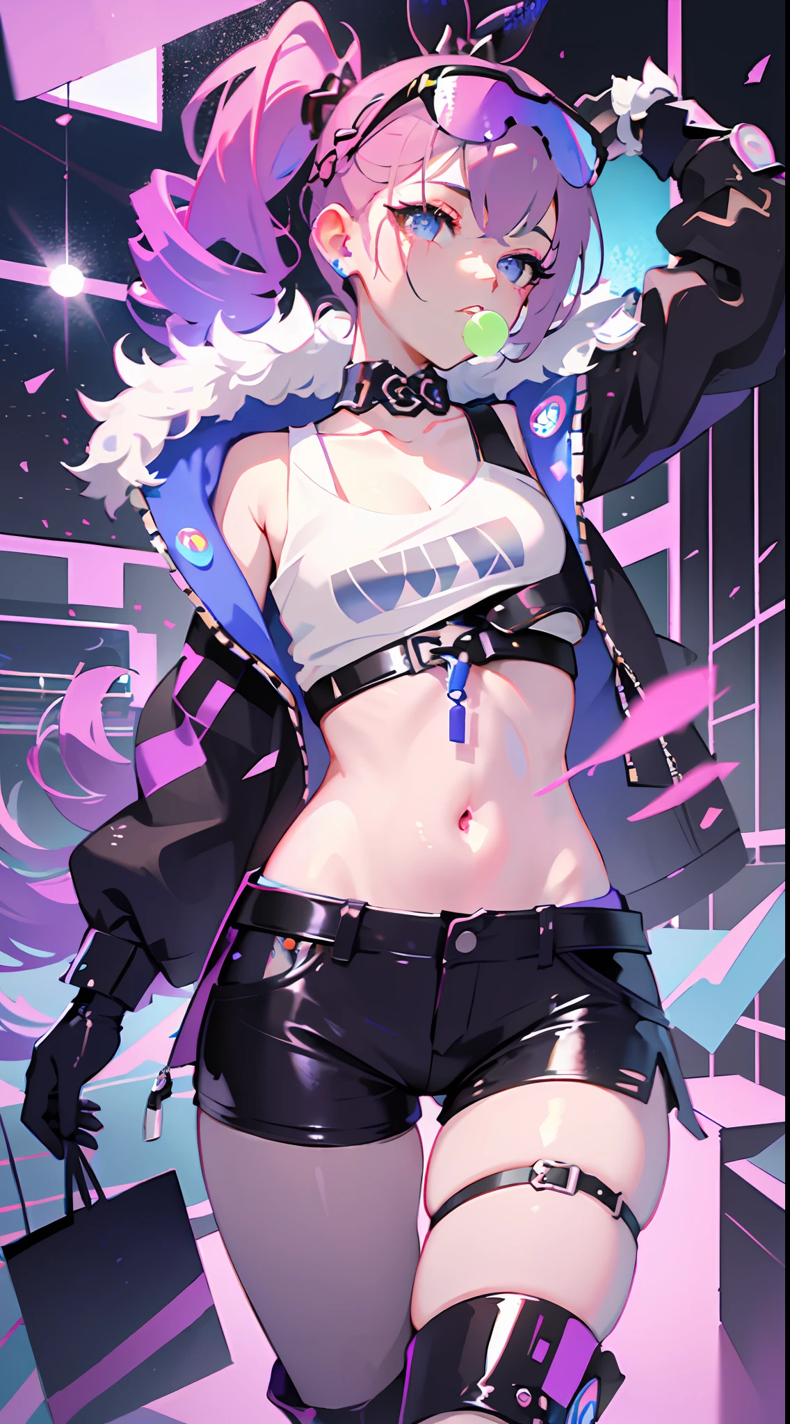 full body, 1girl, li, solo, Eye focus,Masterfully crafted Glow, pink lens flare, Cinematic background,colourful, hyper details, hdr, ultra detailed eyes, mature, plump, rainbow painting drops,(supermodel:1.3), made up from paint, entirely paint, splat, splash, indoors, (bioluminescent hair:1.1),(glowing eyes), ((makeup)), fierce, powerful, splashes of colour absolutely eye-catching, dynamic angle, beautiful detailed glow, ambient occlusion, ambient light, raytraced reflections, retro style, living arcade characters, arcade style world, gloves, jacket,weapon, shorts, black gloves, black jacket, gun, drill hair, black shorts, eyewear on head, bubble blowing, chewing gum, (Cute face:1.3),