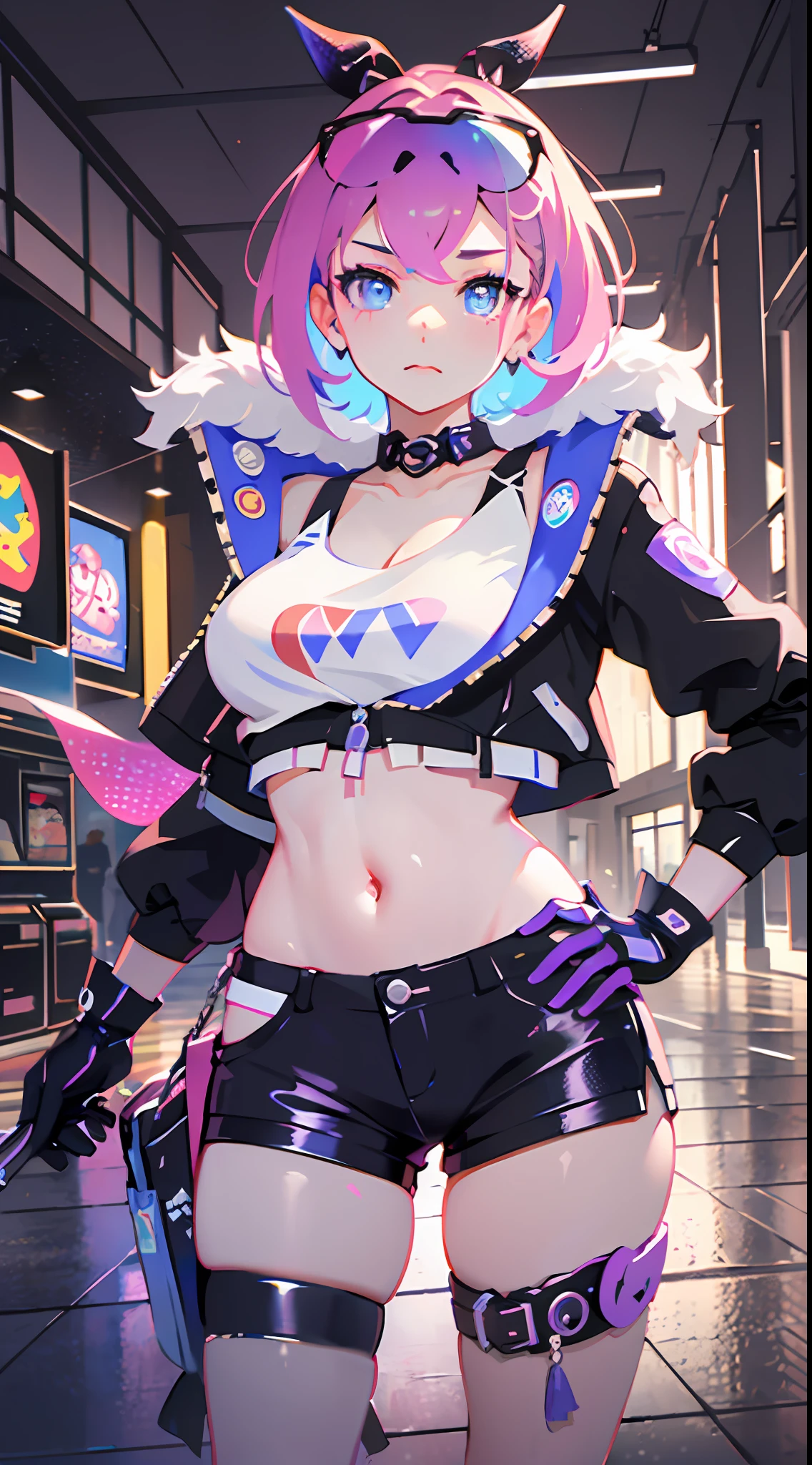 full body, 1girl, loli, solo, Eye focus,Masterfully crafted Glow, pink lens flare, Cinematic background,colourful, hyper details, hdr, ultra detailed eyes, mature, plump, rainbow painting drops,(supermodel:1.3), made up from paint, entirely paint, splat, splash, indoors, (bioluminescent hair:1.1),(glowing eyes), ((makeup)), fierce, powerful, splashes of colour absolutely eye-catching, dynamic angle, beautiful detailed glow, ambient occlusion, ambient light, raytraced reflections, retro style, living arcade characters, arcade style world, gloves, jacket,weapon, shorts, black gloves, black jacket, gun, drill hair, black shorts, eyewear on head, bubble blowing, chewing gum, (Cute face:1.3),