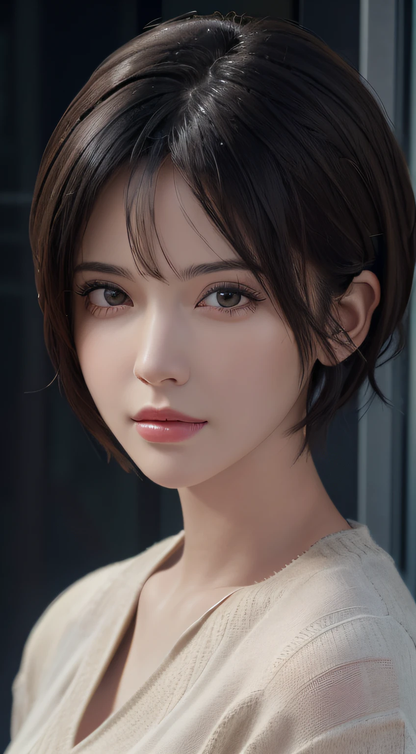 (masterpiece:1.3), (8k, photorealistic, RAW photo, best quality: 1.4), (1girl), beautiful face, (realistic face), (black hair, short hair:1.3), beautiful hairstyle, realistic eyes, beautiful detailed eyes, (realistic skin), beautiful skin, (sweater), absurdres, attractive, ultra high res, ultra realistic, highly detailed, golden ratio