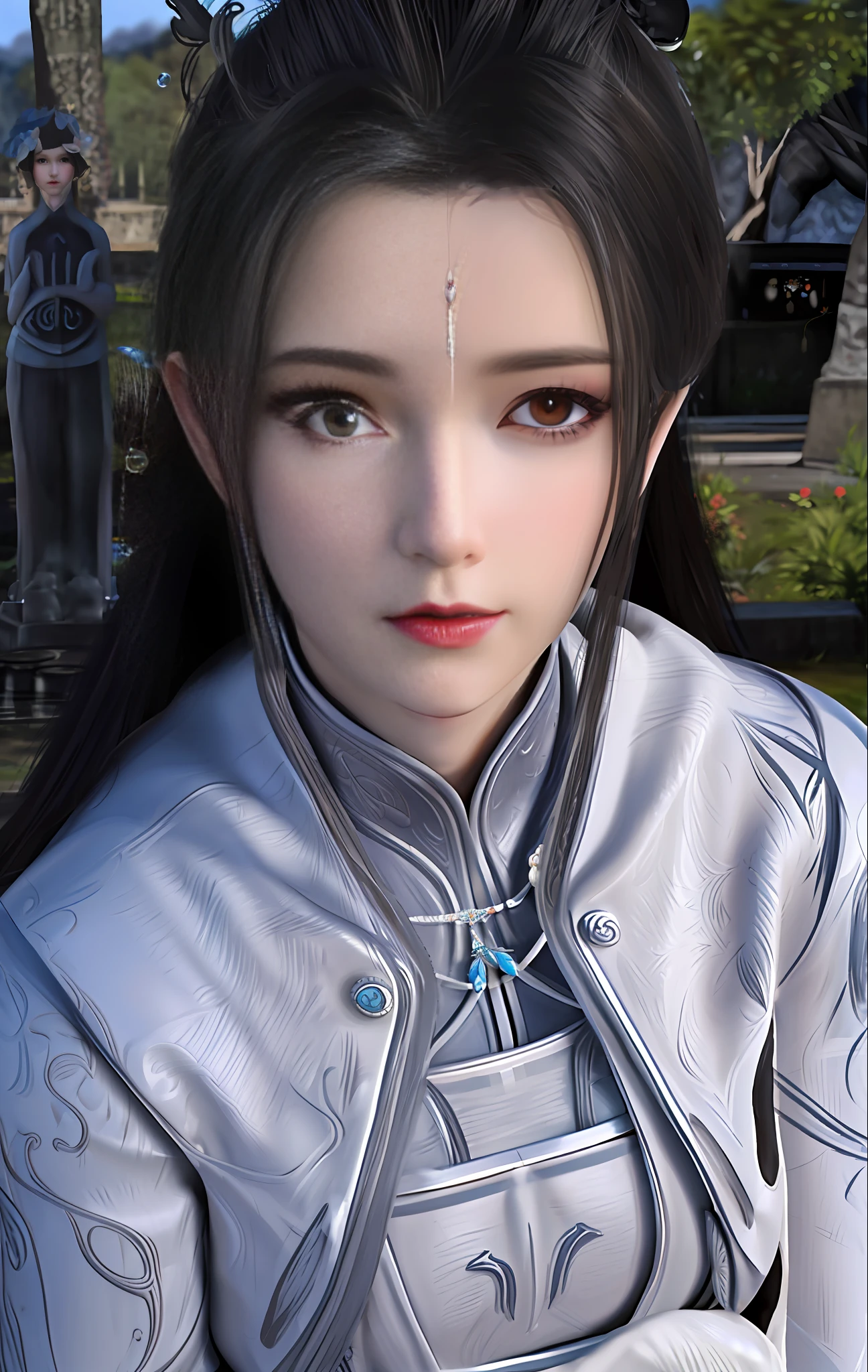 (巨作), High picture quality, faerie, Antique painting style, Sit on your knees, A white dress, Beautiful face, Garland embellishment, Gentle mist,Tranquil water, Next to the ancient well, Light makeup, warmtones, Engraved details, exquisite texture.