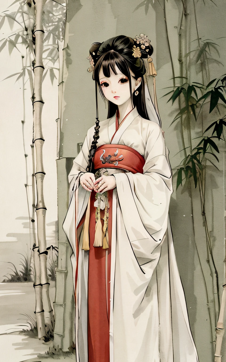 arafed woman in a traditional chinese dress standing in front of a bamboo tree, royal palace ， A beautiful girl in Hanfu, ancient chinese princess, Wearing ancient Chinese clothes, Beautiful character painting, White Hanfu, Hanfu, Guviz-style artwork, Guviz, ancient chinese beauties, with acient chinese clothes, a beautiful fantasy empress