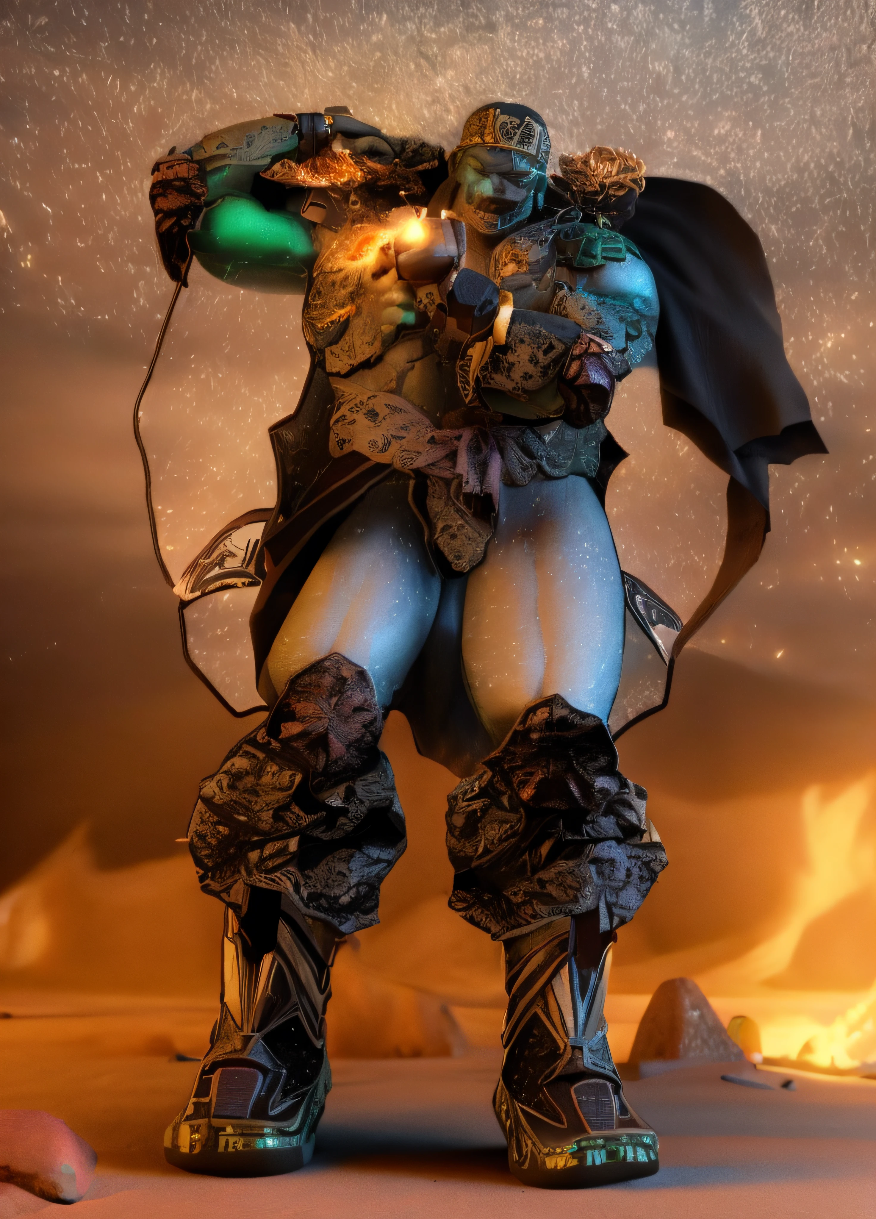 There is a digital painting of a stone giant with thighs and arms black as a galaxy, vestido completo da vitrine de lava, Um enorme deus gigante celestial, a shaman holding up the universe, corpo com lava preta e vermelha, Deserto Fighter Mago Antigo, barbarian on mars, Imperador do universo conhecido, galactic deity, male djinn man demon hybrid, Deusa ciborgue no cosmos, djinn man male demon, 3d render em 8k, melhor qualidade, obra-prima, Nikon, luz e sombras realista, 8k, ray tracing, NVIDIA, unreal engine 5,