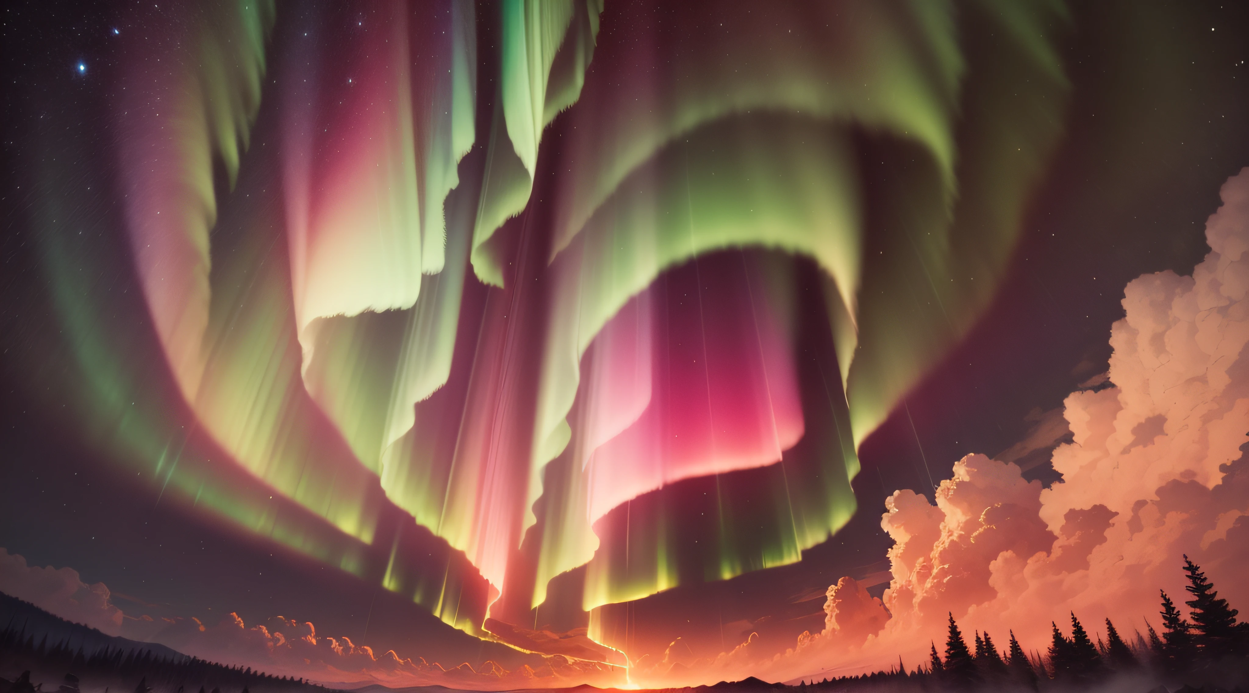 aurora falling down, pink and orange