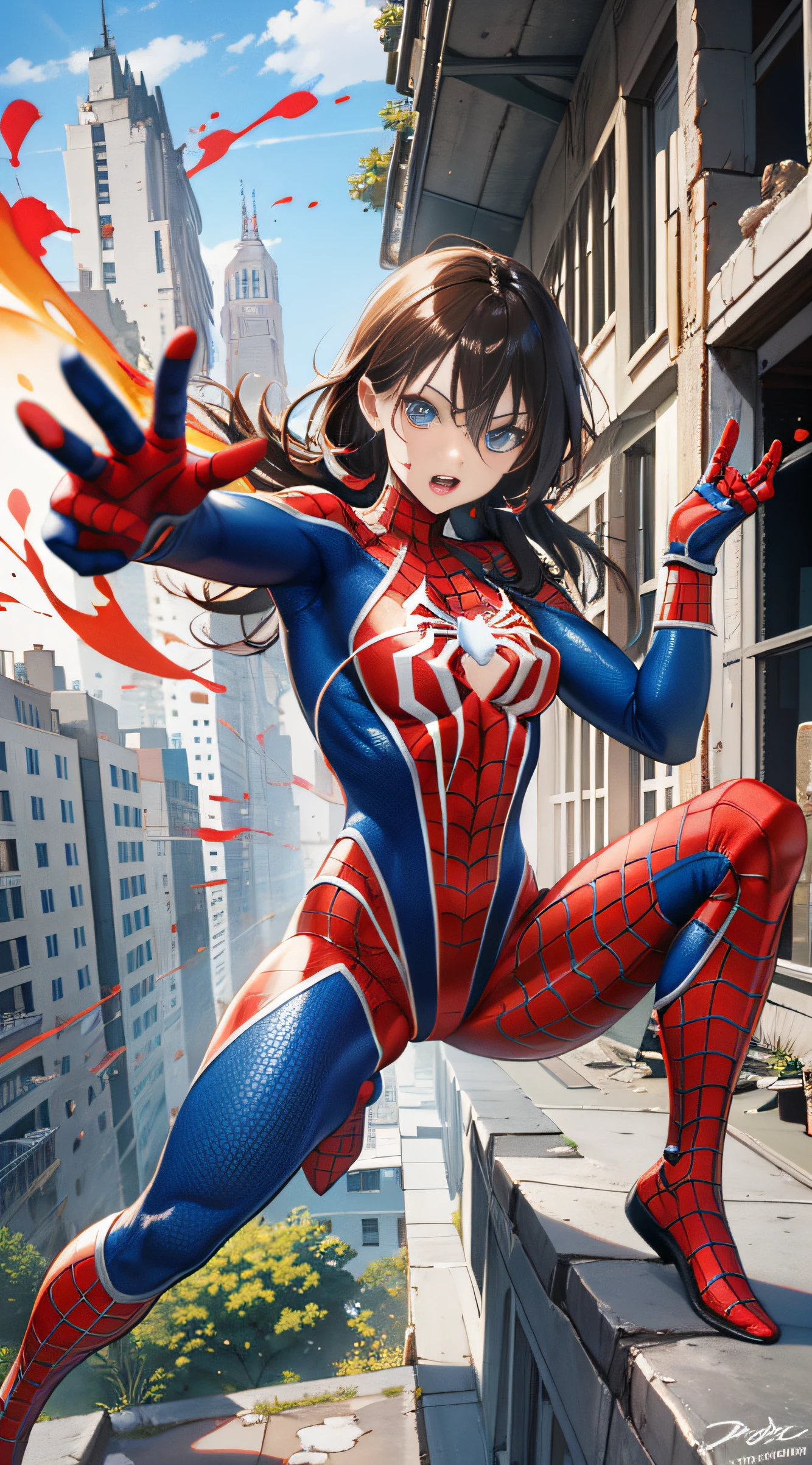 （（（optimal quality））），（（（superdetailed））），（（（masterpaintings））），（（（manga book））），Cool female superhero，Female Spider-Man，The action is exaggerated and handsome，Spider-Man's signature move，Dynamic，Voice bubbles，Fighting，bang between eyes，The background is the ruins of the city after the Great War，Epic cinematic footage。