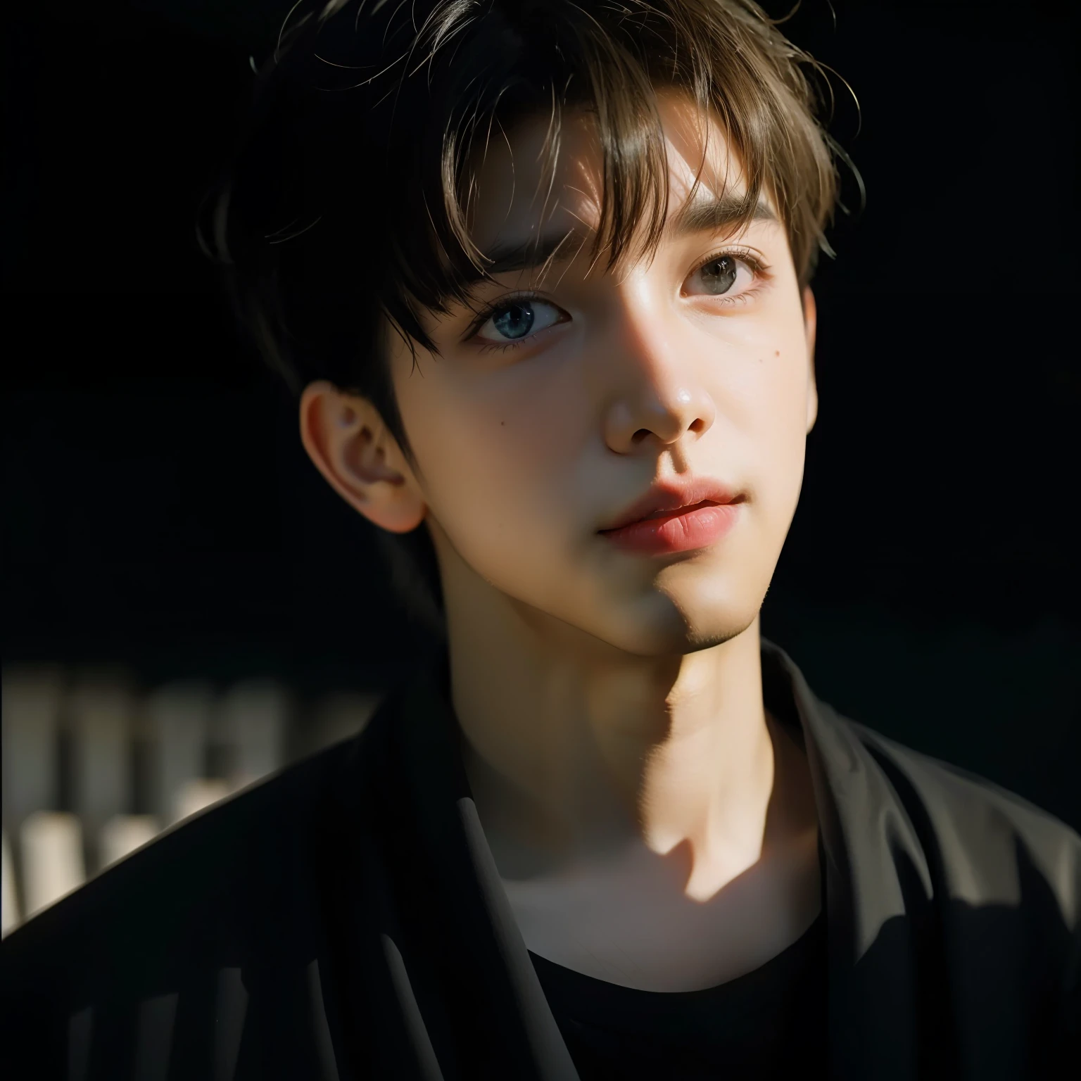 optimal quality， masterpaintings， ultra-high-resolution， （realisticlying：1.5）， OriginalPhoto， 1boys， sshoulder， in the darkness nigth， deep-shadows， lowkey， cold light， short-cut hair，aseprite