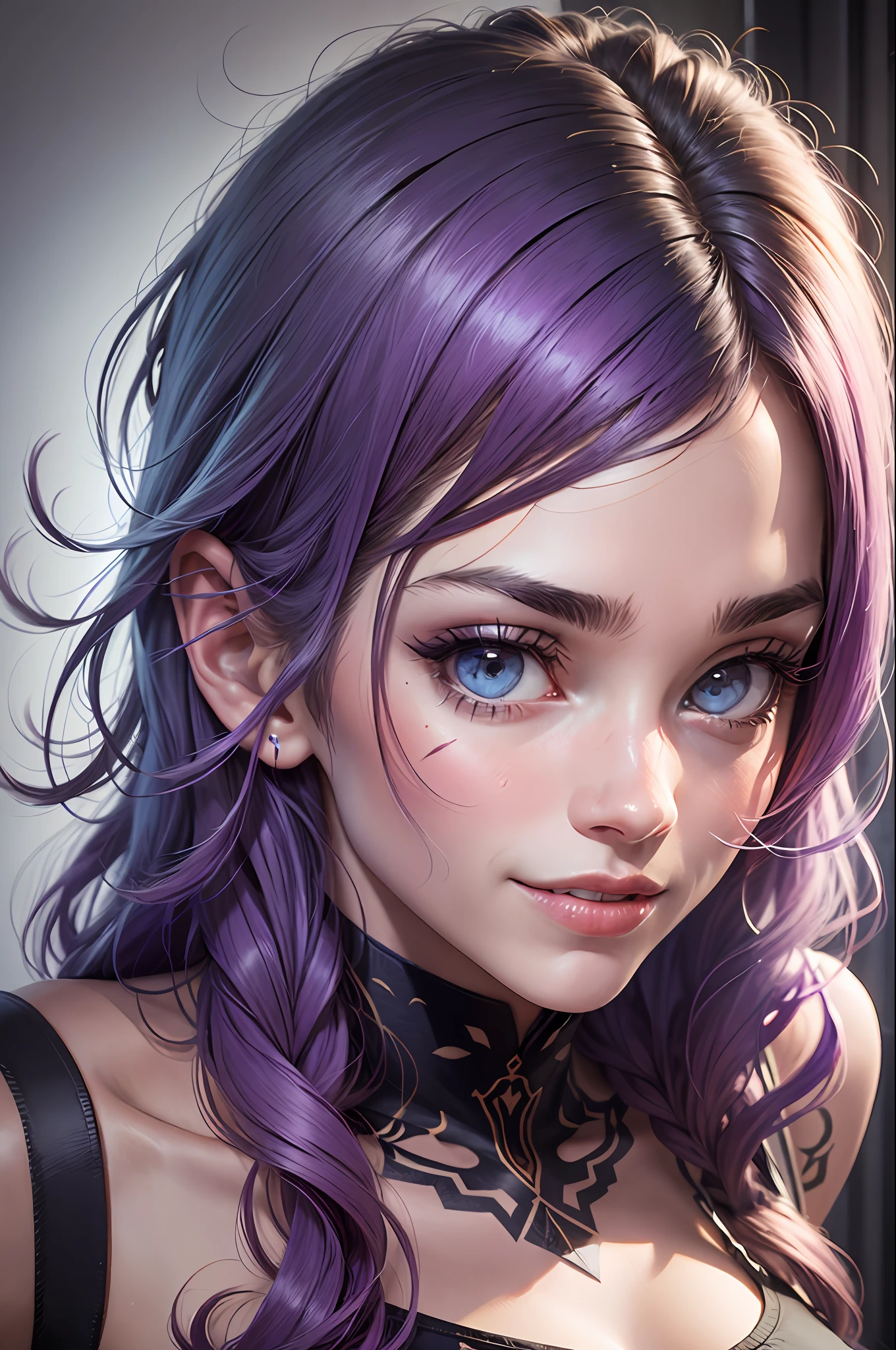 melhor qualidade: 1.5, style webtoon nano machine,1girl,solo, vibranteeProj,cor dos olhos roxo,thin, serious eyes, olhos finamente detalhados, olhar de predador, (cabelo liso detalhado), cor do cabelo preto, wearing a tank top showing off his shoulders and arms, bare shoulders, Sharp neck tattoo, badass,scar on the face leaving a strong grip,boca grande esbanjandoum sorrindo de superioridade, sharp-focus,Rosto detalhado,retrato,Olhando para o Viewer, vibrante,lamps, fundo escuro,