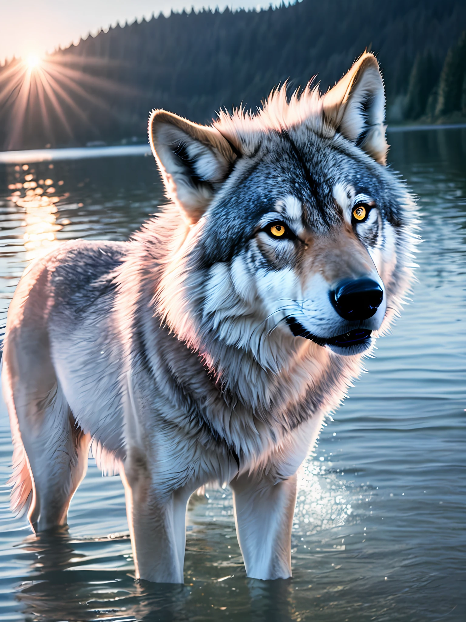 Close-up photo of a very ferocious wolf on the lake,Pinkish-white,Soft volumetric light,(The light from the back window is backlighted:1.3),(the movie:1.2),Complicated details,(ArtStation:1.3),Rutkowski