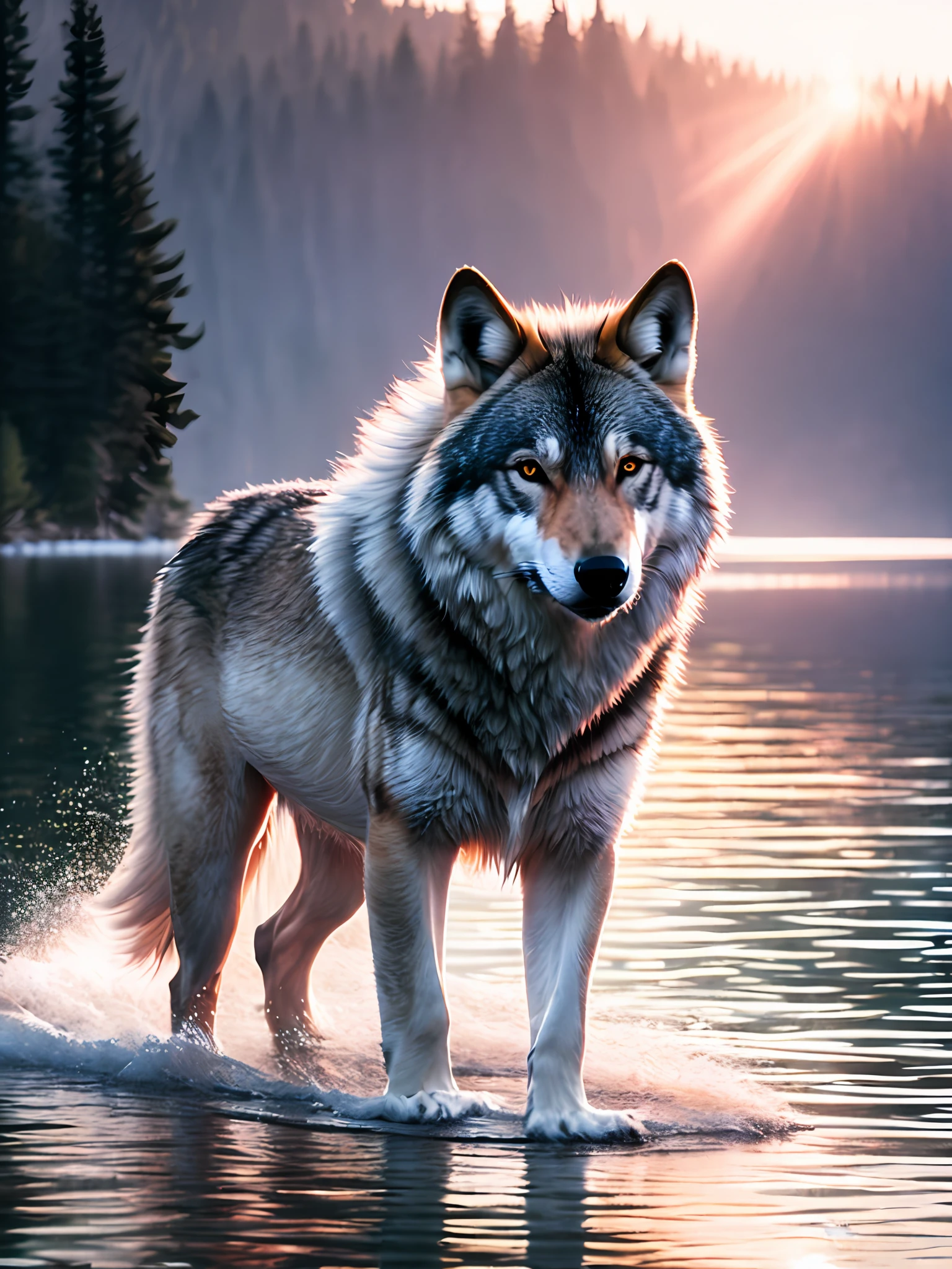 Close-up photo of a very ferocious wolf on the lake，Pinkish-white，Soft volumetric light，（The light from the back window is backlighted：1.3），（the movie：1.2），Complicated details，（ArtStation：1.3），Rutkowski
