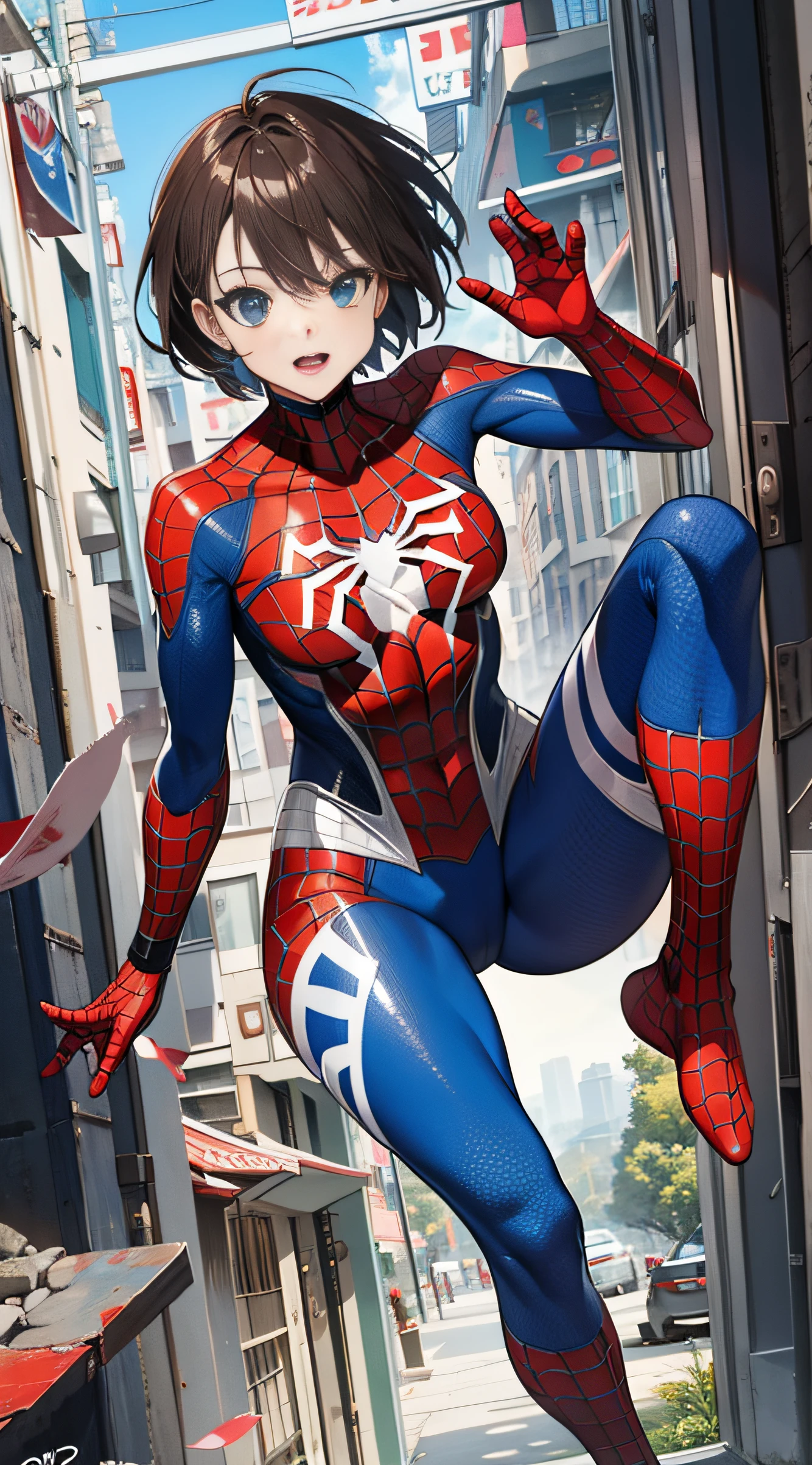 （（（optimal quality））），（（（superdetailed））），（（（masterpaintings））），（（（manga book））），Cool female superhero，Female Spider-Man，The action is exaggerated and handsome，Spider-Man's signature move，Dynamic，Voice bubbles，Fighting，bang between eyes，The background is the ruins of the city after the Great War，Epic cinematic footage。