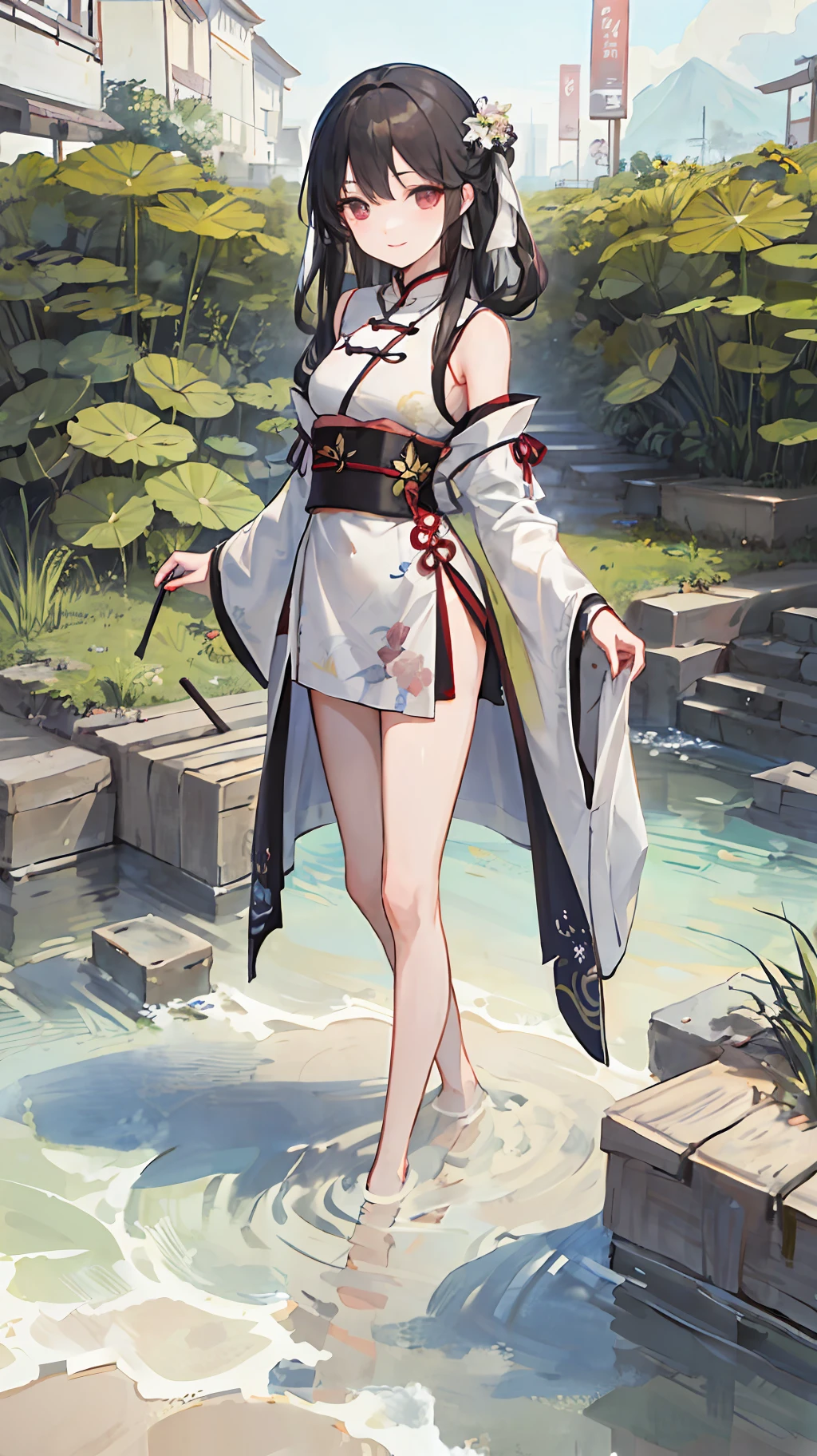 ((4k,masterpiece,best quality)), shuimobysim, traditional chinese ink painting, lotus, hanfu, maxiskit, dress conservatively 1girl, solo, long blue hair, smile, standing, feet in the water, barefoot,