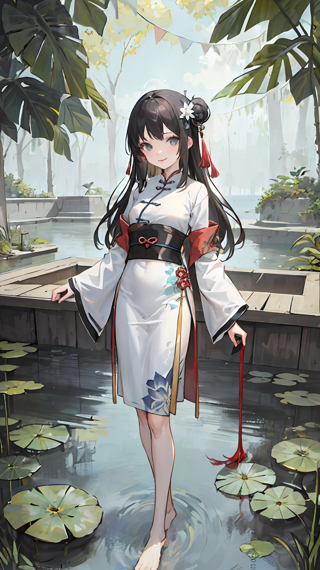 ((4k,masterpiece,best quality)), shuimobysim, traditional chinese ink painting, lotus, hanfu, maxiskit, dress conservatively 1girl, solo, long blue hair, smile, standing, feet in the water, barefoot,