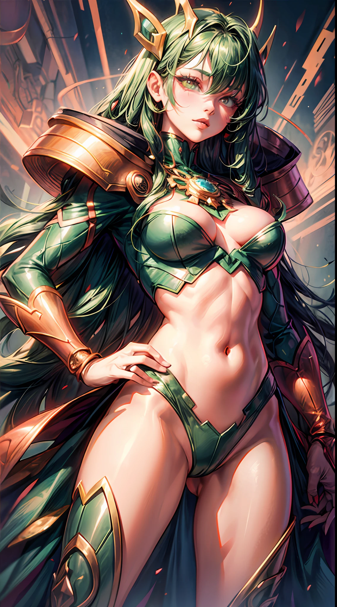 Cartoon photo of woman in green and red costume, hot insect humanoid woman, Guyver style, SFW version, red eye, scarab reploid, bellows tail, cel shade adult animation, alien queen, serpentine pose,