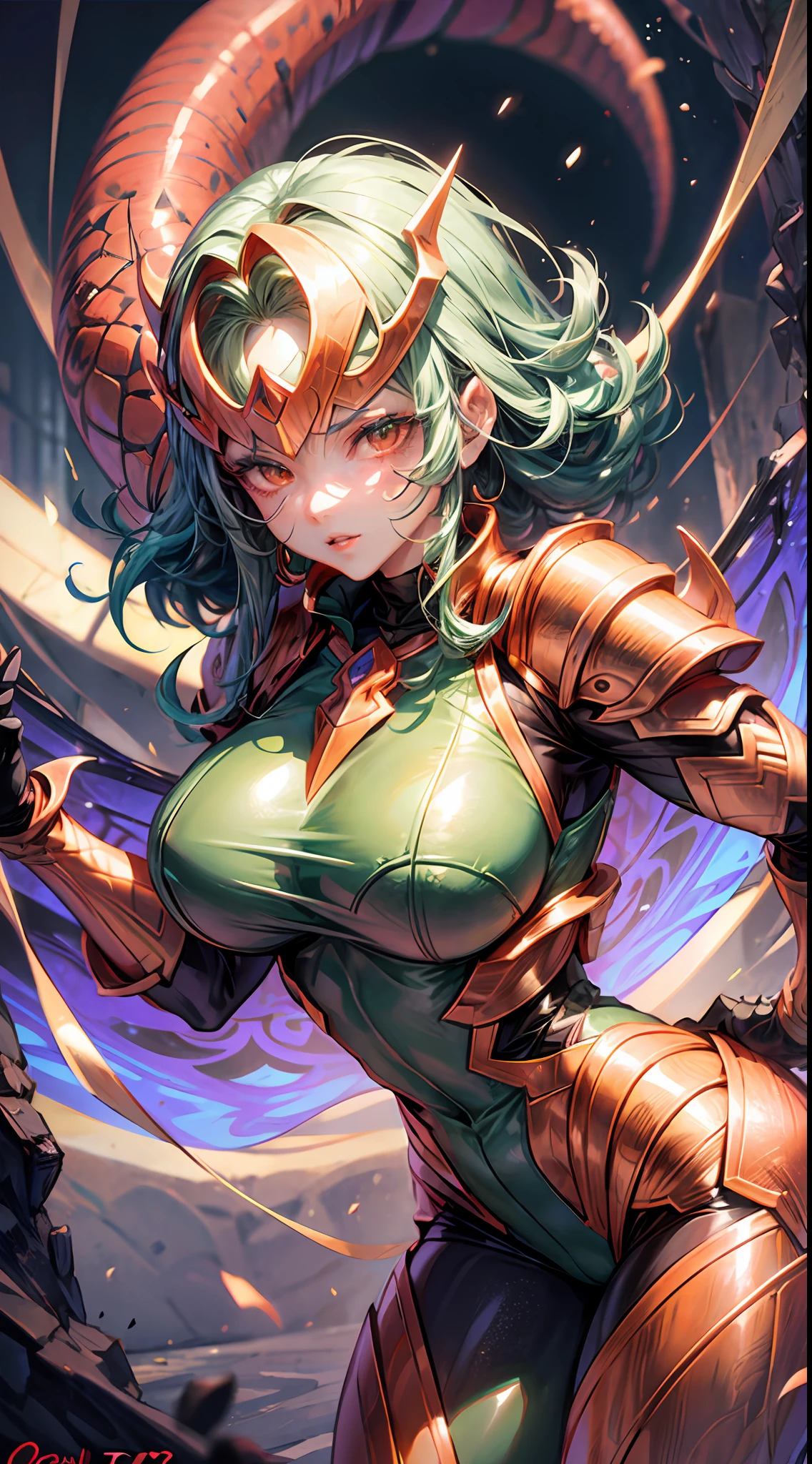 Cartoon photo of woman in green and red costume, hot insect humanoid woman, Guyver style, SFW version, red eye, scarab reploid, bellows tail, cel shade adult animation, alien queen, serpentine pose,