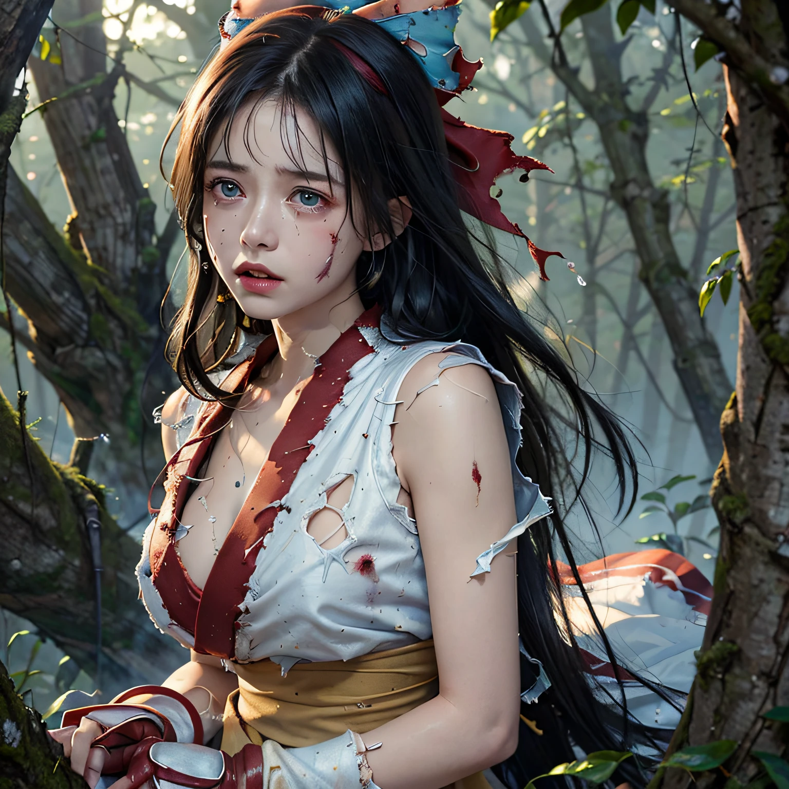 (Master masterpiece), (Raw photography、the best quality), ultra-high-resolution, Professional artwork, superdetailed, intrikate, details face, Perfect Lighting, (a 1 girl、独奏:1.2)、Nakoruru、length hair, Red bow, Blue Eye, black har, ainu clothes, Hair Bow, Hair Band, reverse grip, Underpants, gloves, extra very long hair, looking at the viewers, Whole human body、Underarms、Naked foot, tiptoes、cleavage of the breast、Sleeveless, Fingerless gloves, in a kimono, obi,(perfect hand:1.5)、(Perfect_Anatomy:1.2)、Octane Render、(Crying、weak and tired eyes、Tears:1.2),(Bruises and blood stains on the face and body、blood flowing from head and face、injuries on body、Damage、Wounds and cuts、bleeding lips:1.3),(Torn clothing、Tattered clothes、Exposed skin:2.0)、(laying on the ground:1.2)、 (in woods)、tousled hair、Tired and weak face、(Perfect Body、flawless、perfect thighs)、((Blood stains on clothes、bloody skin:1.3))、(Film lighting)、Soft lighting、Complex and cinematic appearance、Cinema tick writing、Dynamic angles