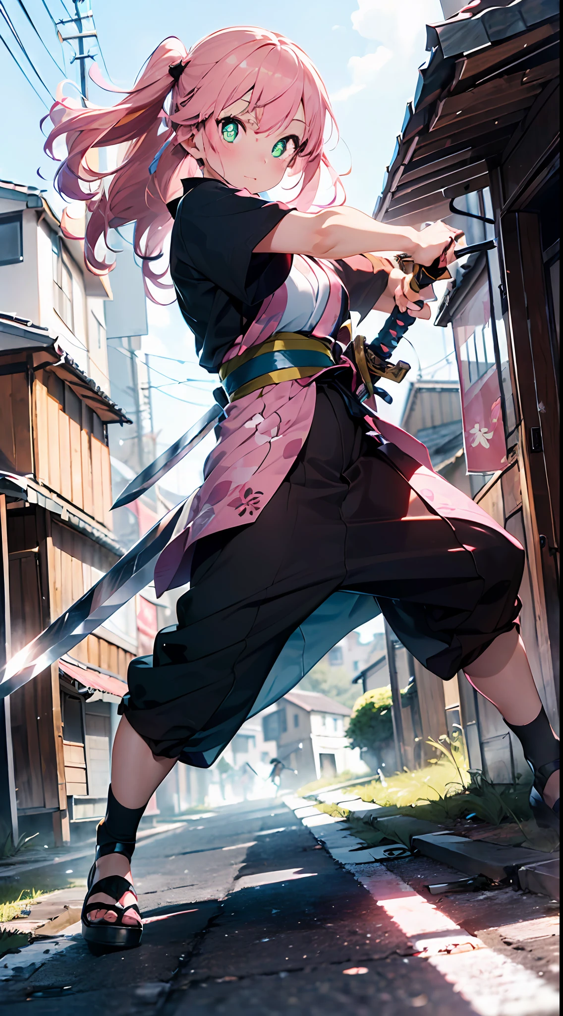 (Lively swordplay action:2)armor:2(((Maste Piece))),((superdetailed,Best Quality, Hi-Def, 8K Wallpaper, Beautiful clothes,)),ful body,Fulll body Shot (a 1 girl)((Pink hair, Long hair,Straight hair,two side up)) (Green eyes),eyeshadows, eyelines,gloweyes, super detailed eyes, intricate eyes, Beautiful eyes, ((Glowing pink pupils))a 18 year old girl.Transparent kimono made of PVC material.SakuraFubuki