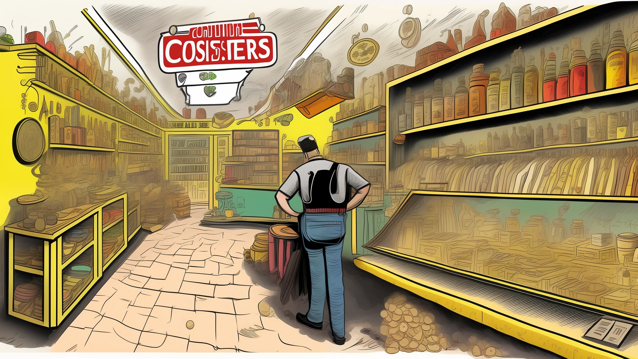 A shop owner and his coustomer in cartoon