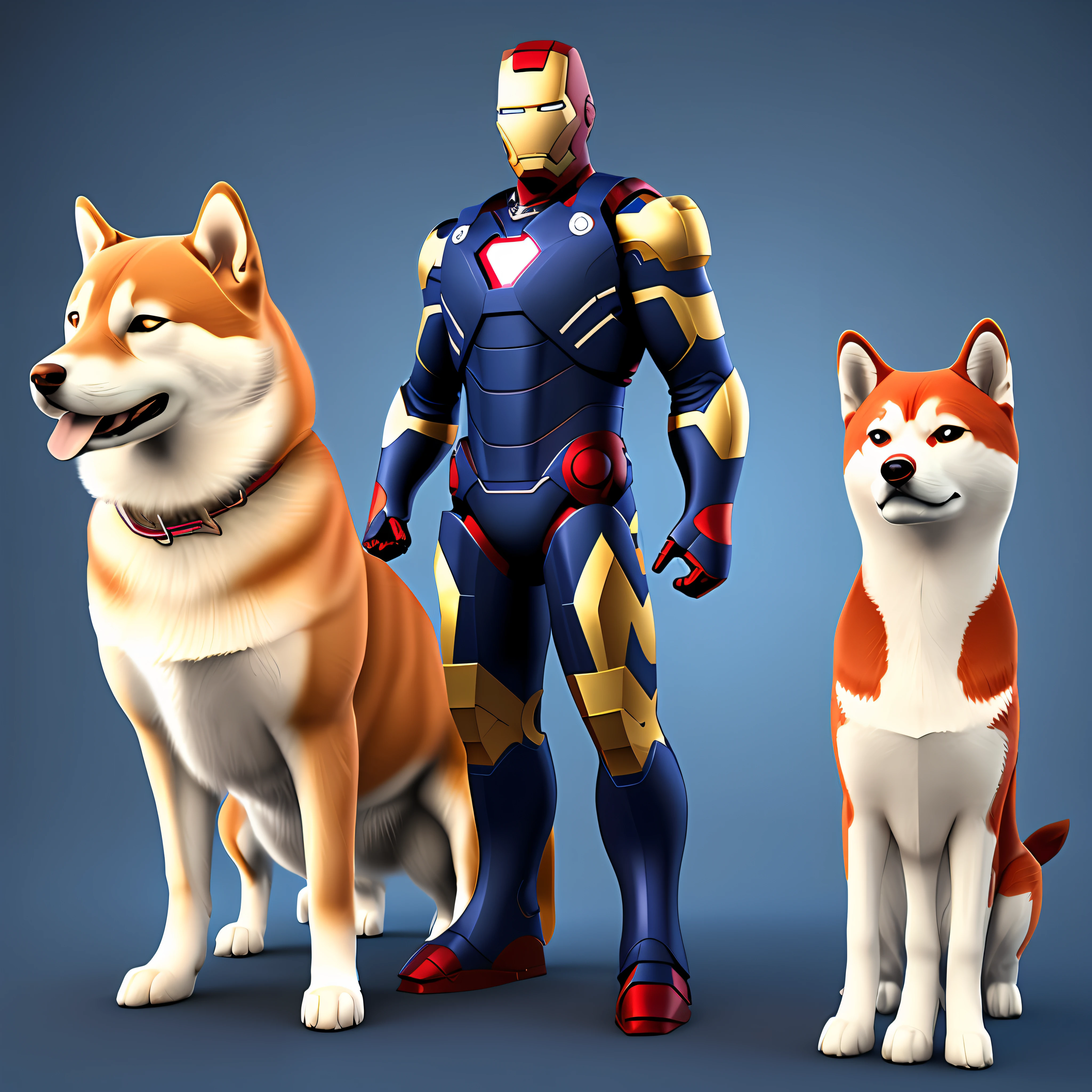 3dcharacter one ironman and shiba inu portrait ,(full body:1.2),simple background, masterpiece,best quality,(blue navy gradient background:1.1 --auto