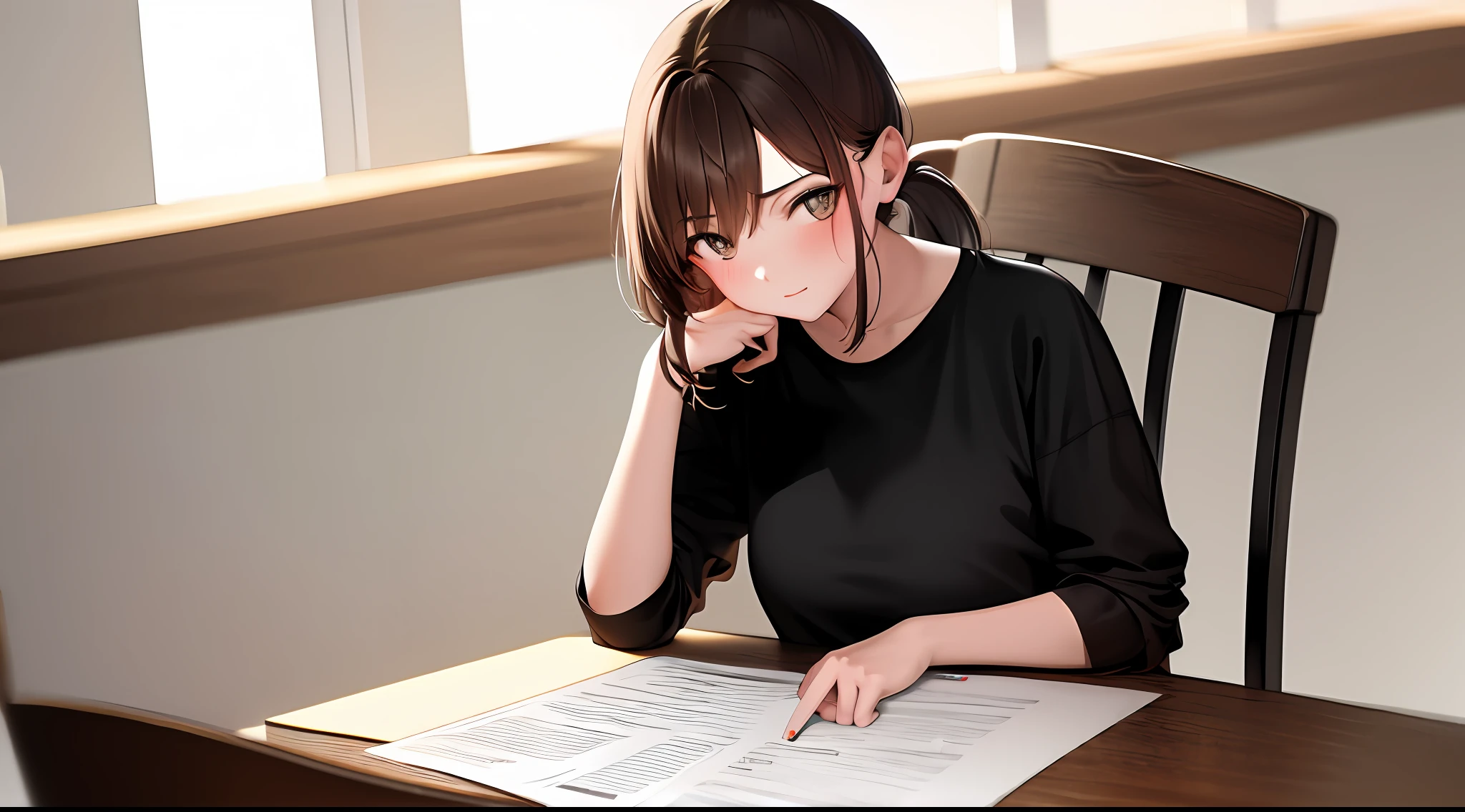 masterpiece, best quality, high resolution, one girl, loose t-shirt, girl sitting on chair studying drafting at desk, horizontal angle, studying, paperwork, brown hair, good luck studying, drafting, ponytail