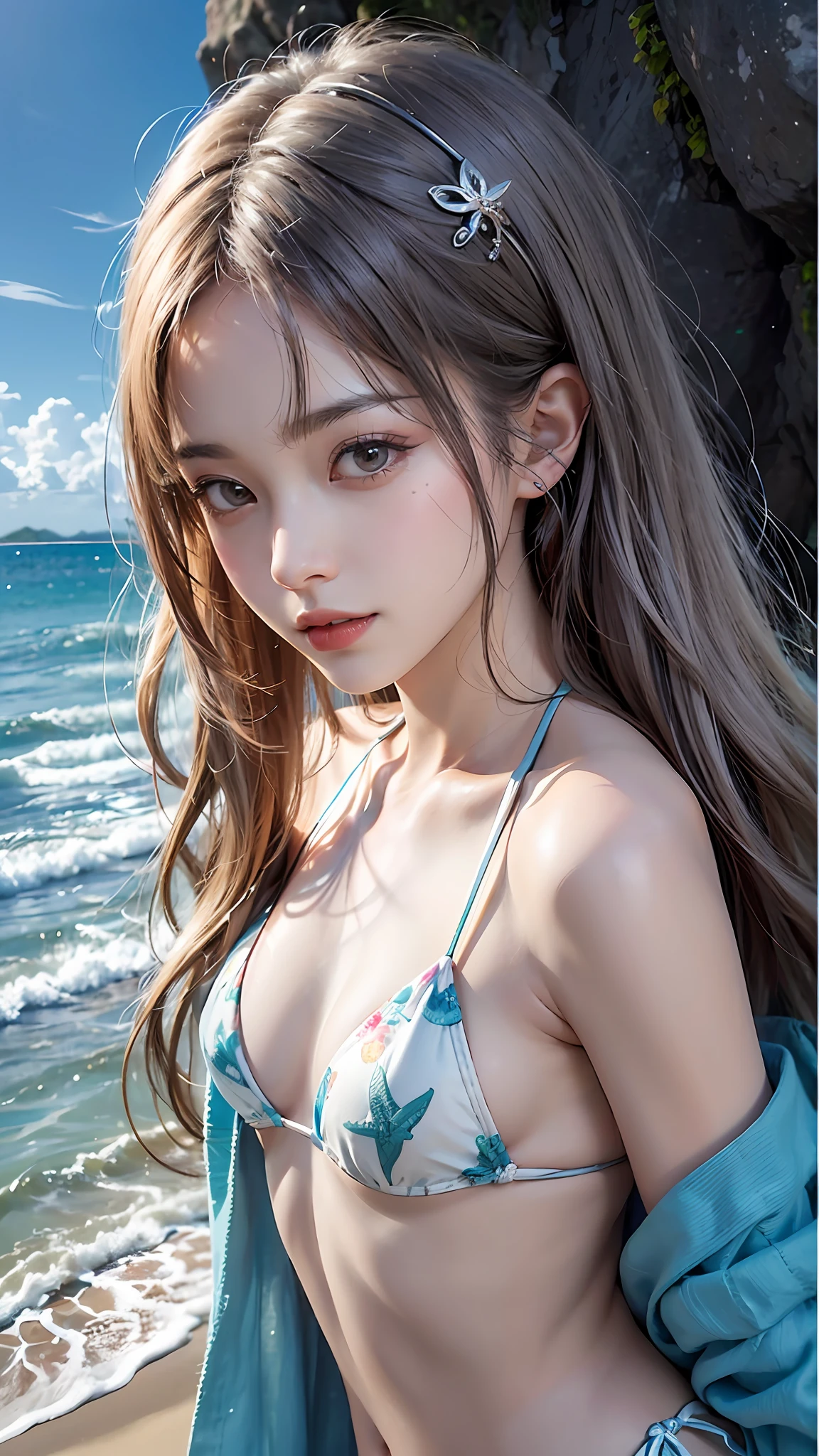 ((最好质量、in 8K、Top image quality、ultra-high-resolution))、Beautiful girl walking on the beach、22yearsold、独奏、((small tits:1.6))、flat breast、with round face、gentle grin 、White teeth、Ultra-detailed and beautiful skin、fair complexion、Silver Hair、The background is the sea、maicro bikini、Super detailed and beautiful face
