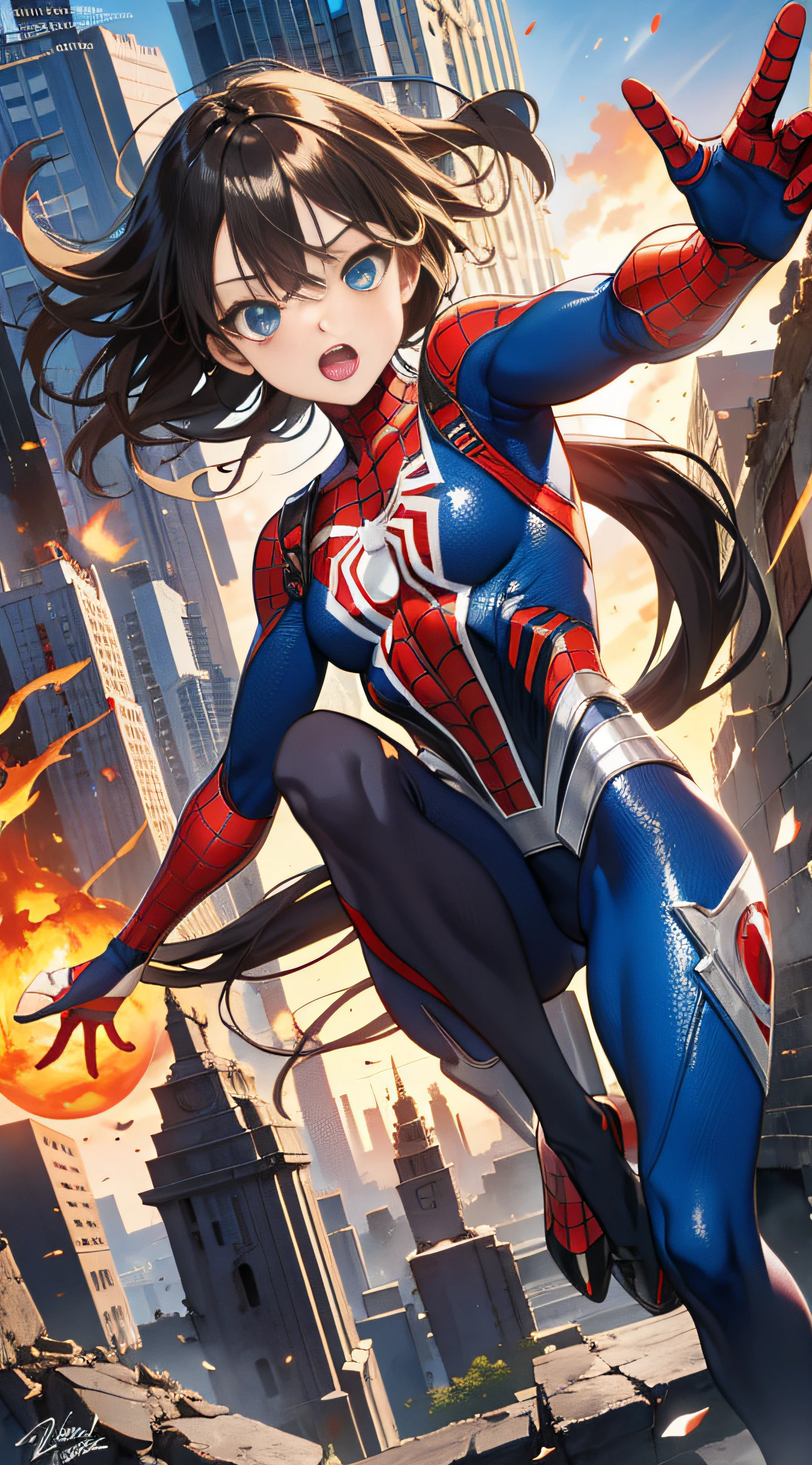 （（（optimal quality））），（（（superdetailed））），（（（masterpaintings））），（（（manga book））），Cool female superhero，Female Spider-Man，The action is exaggerated and handsome，Spider-Man's signature move，Dynamic，Voice bubbles，Fighting，bang between eyes，The background is the ruins of the city after the Great War，Epic cinematic footage。