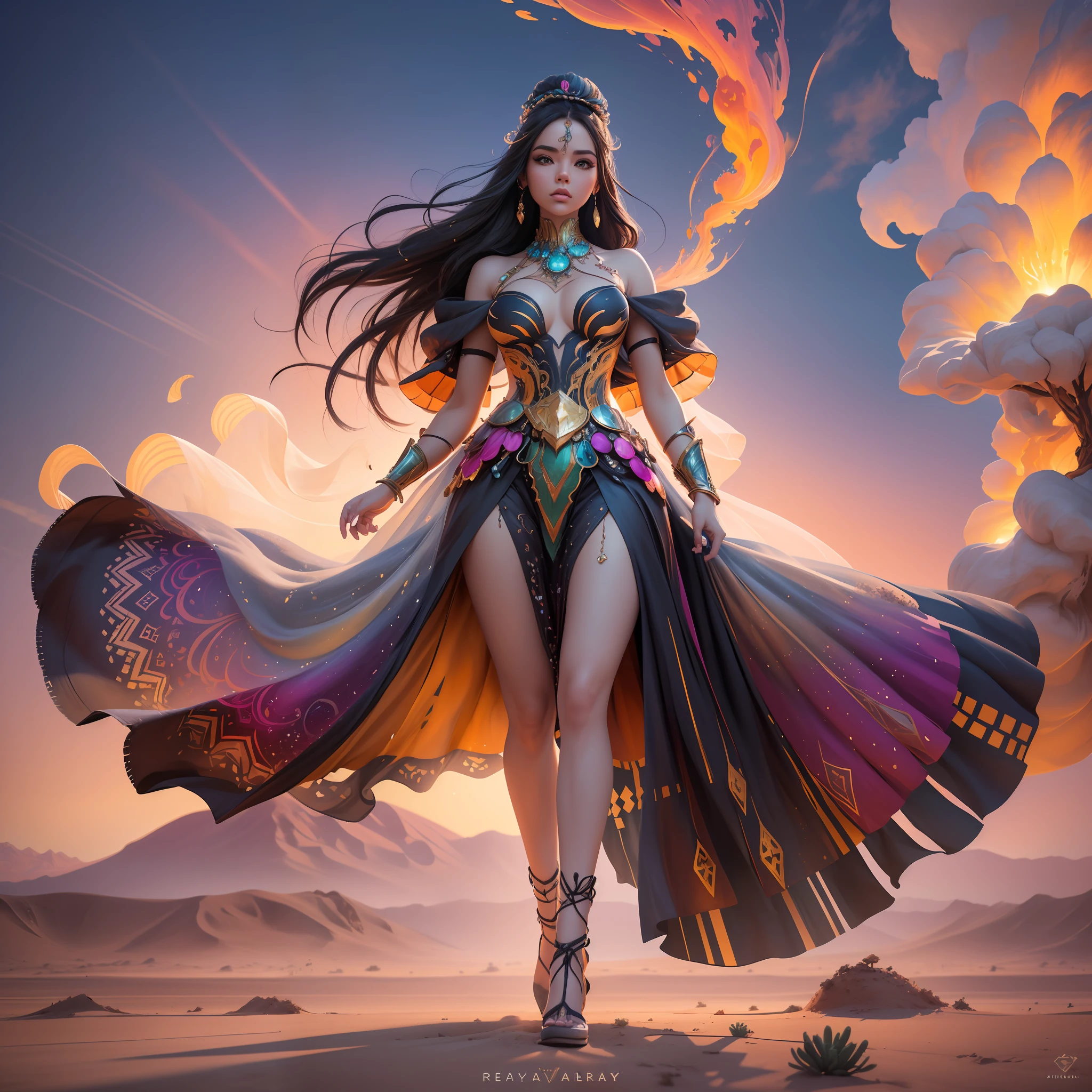 (extremely detailed, Artgerm-inspired masterpiece:1.3, wandering woman:1.2 in desert:1.2), (Alena Aenami-esque style:1.1, IG model Aly Fell-inspired:1.1), elegant, flowing, form-fitting outfit, dynamic pose, intense lighting, vibrant colors, sand particles, 8k, high resolution.