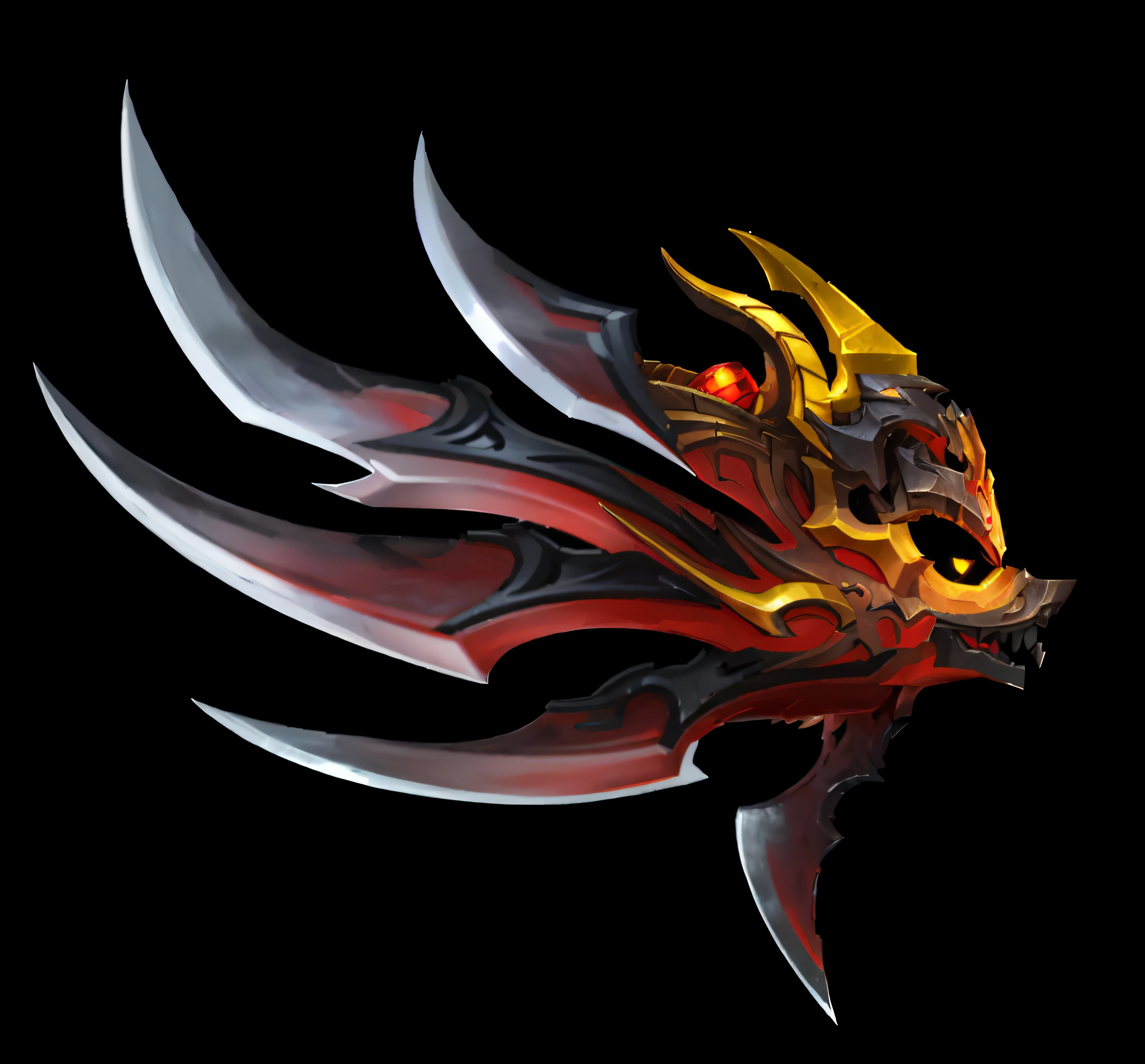 a close up of a dragon head with a red and yellow face, war blade weapon, style of ghost blade, sleek mecha female dragon head, crimson fire head, sharp sleek cyborg dragon head, sharp cyborg dragon head, Dragon Knight, sleek dragon head, black fire color reflected armor, The sword, Fantasy Blade, warcraft blizzard weapon art