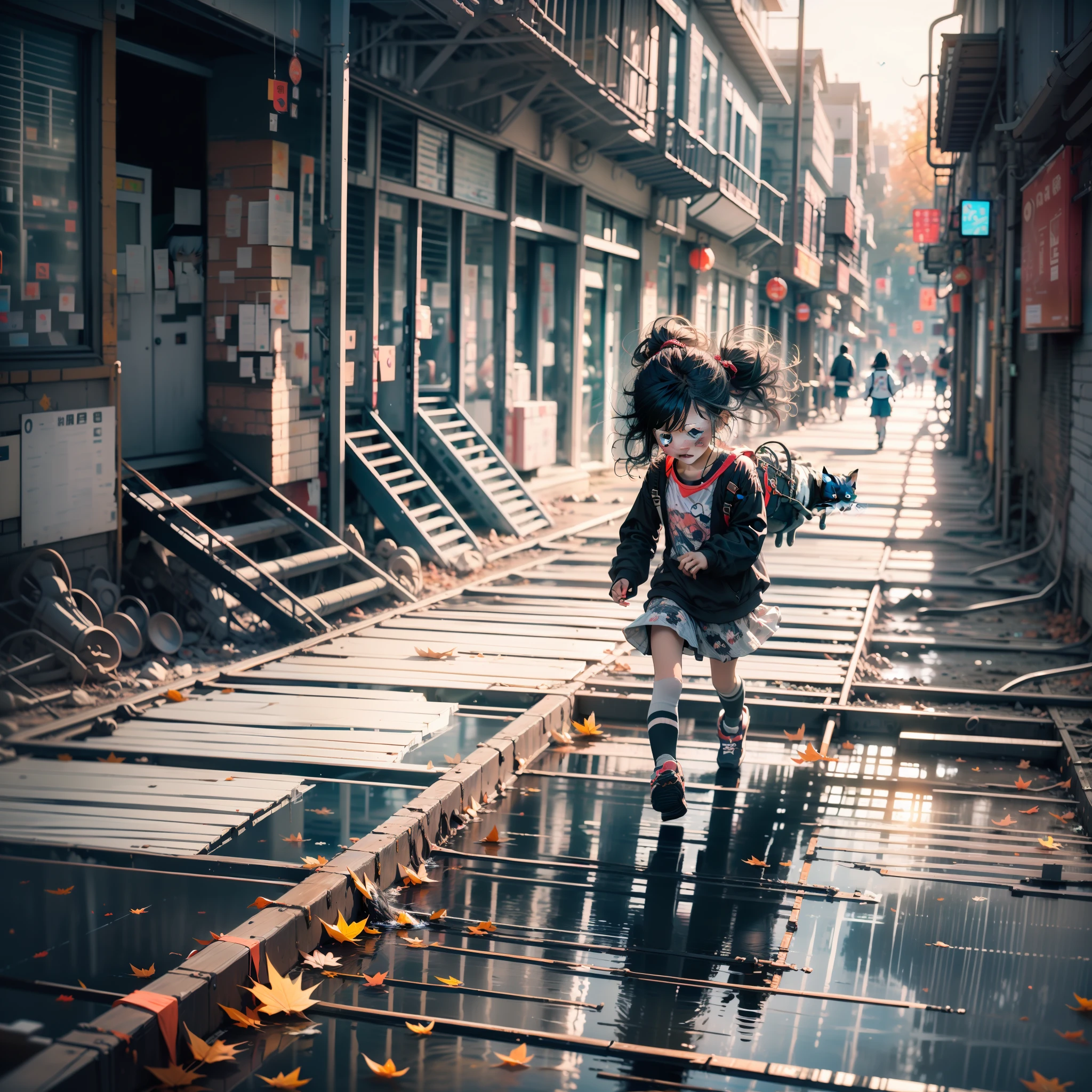 Six-year-old little girl，walk，catss，behind，chased，Fall into the pit，Fall to the ground。
