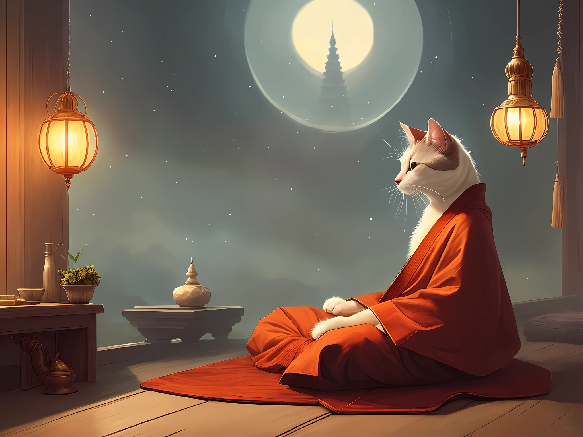 a fluffy cat meditating, buddhist robe, universe, dreamy, concept art, misty, elegant, highly detailed, in style of greg rutkowski, dim colors, soothing tones
